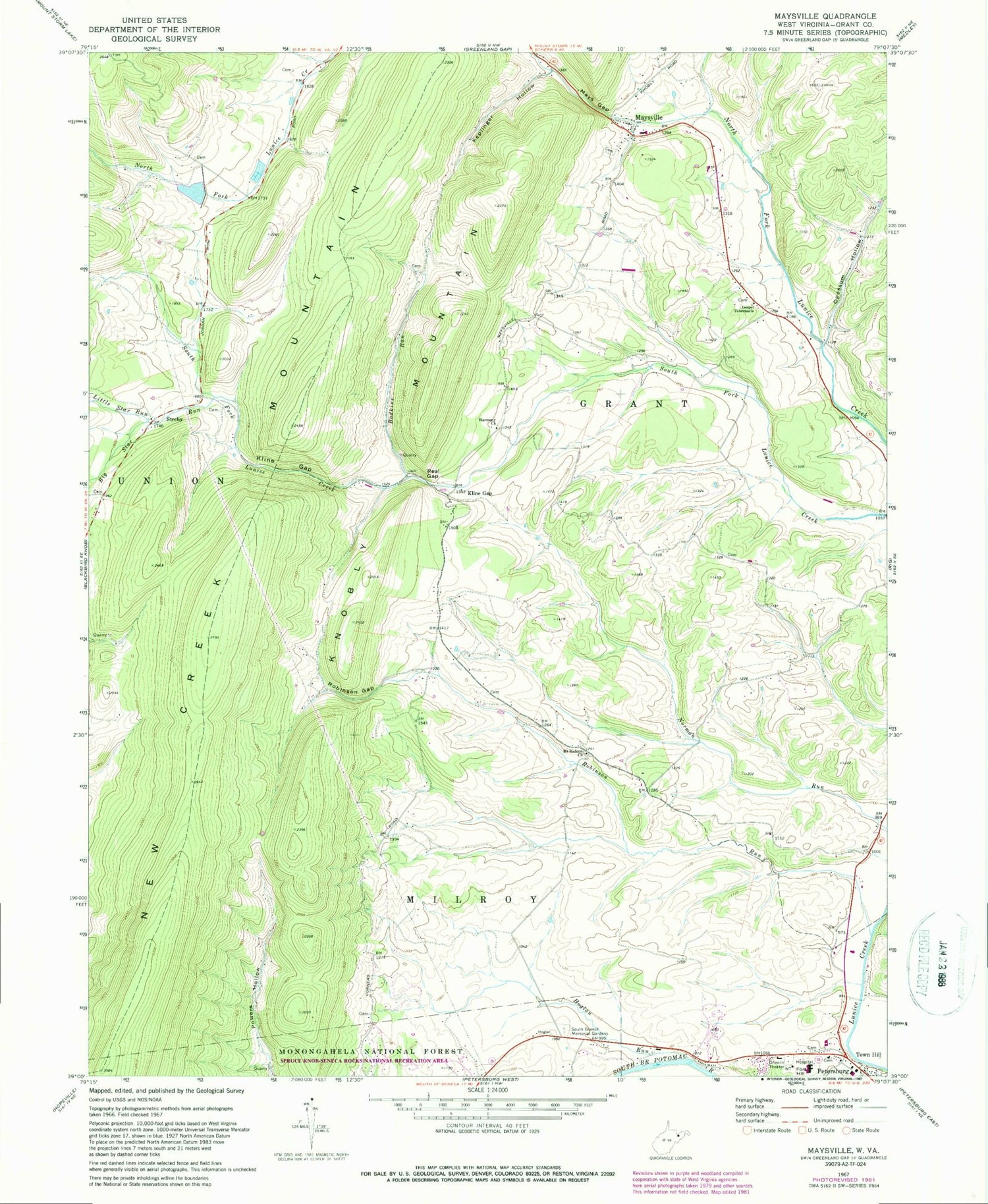 Classic USGS Maysville West Virginia 7.5'x7.5' Topo Map Image