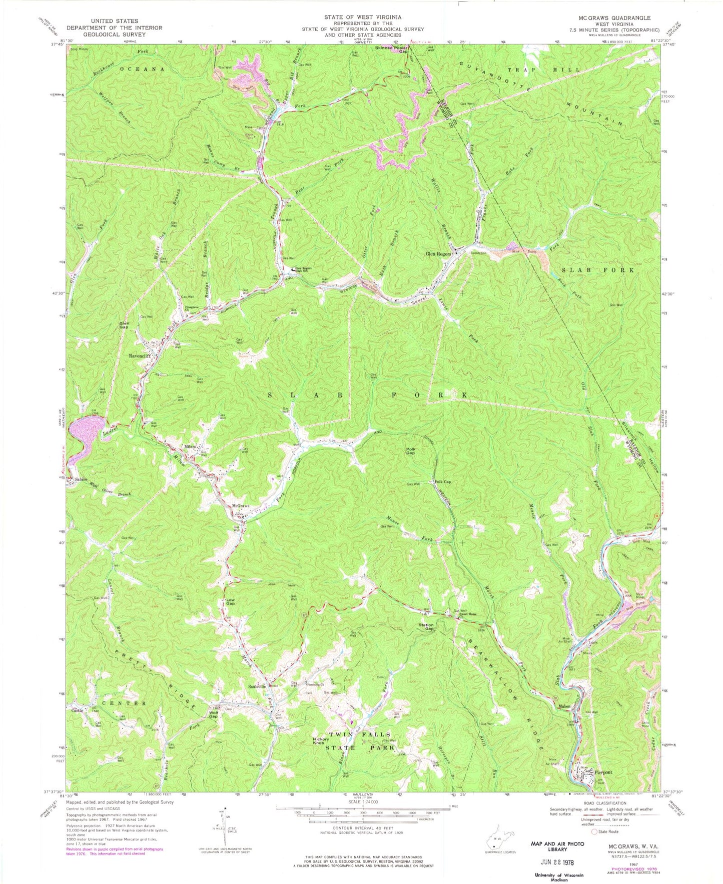 Classic USGS McGraws West Virginia 7.5'x7.5' Topo Map Image