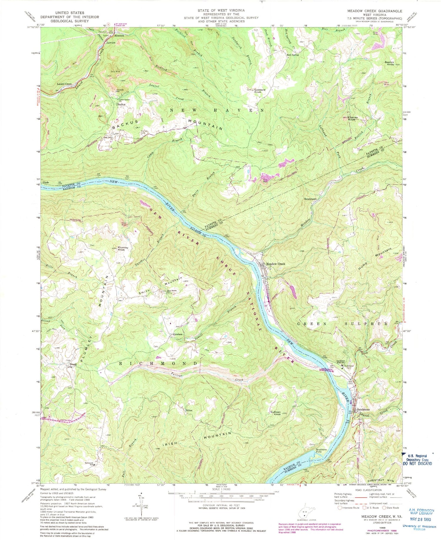 Classic USGS Meadow Creek West Virginia 7.5'x7.5' Topo Map Image