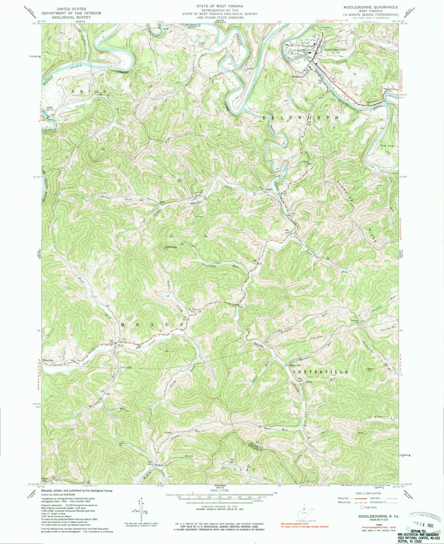 Classic USGS Middlebourne West Virginia 7.5'x7.5' Topo Map Image