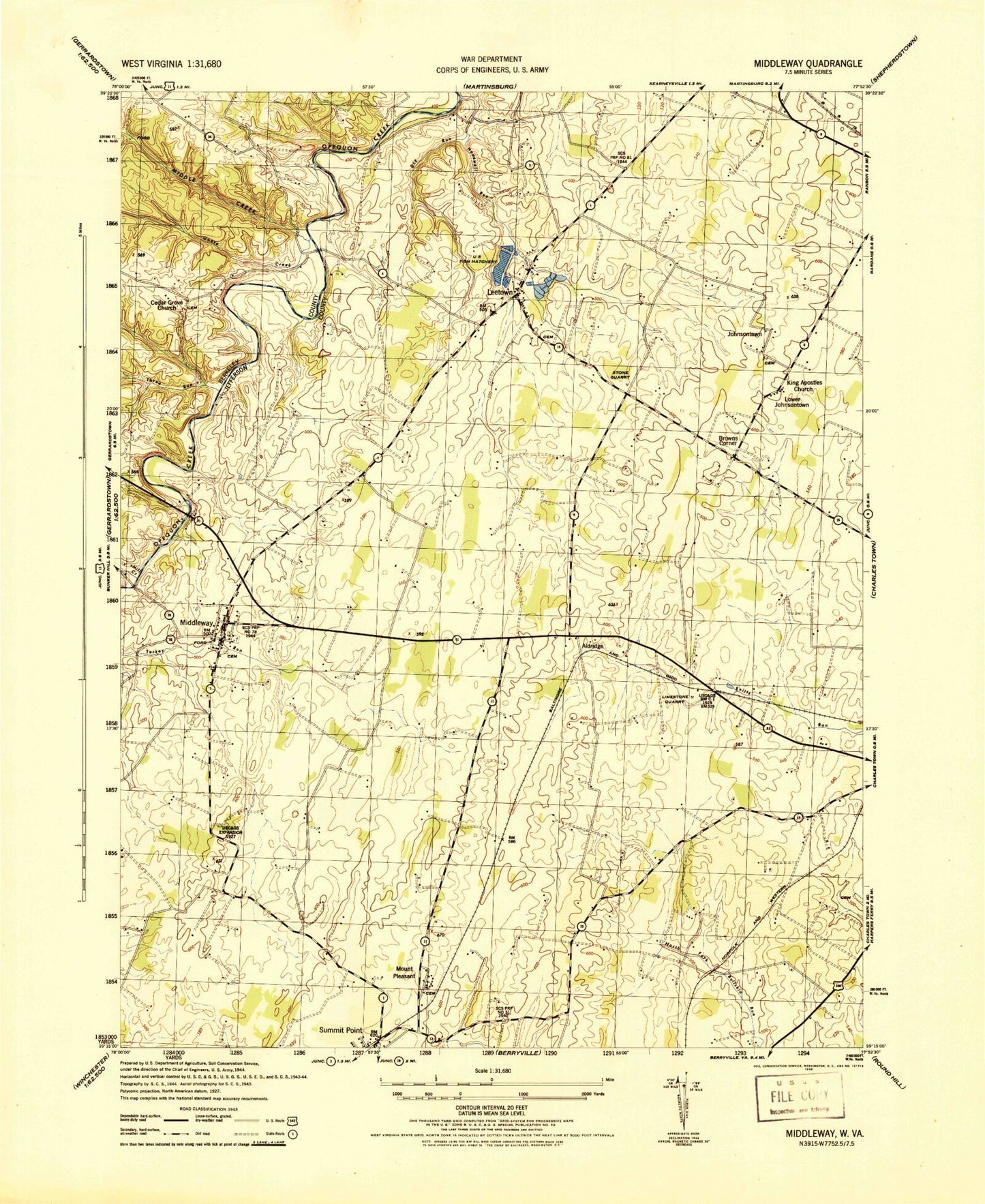 Classic USGS Middleway West Virginia 7.5'x7.5' Topo Map Image