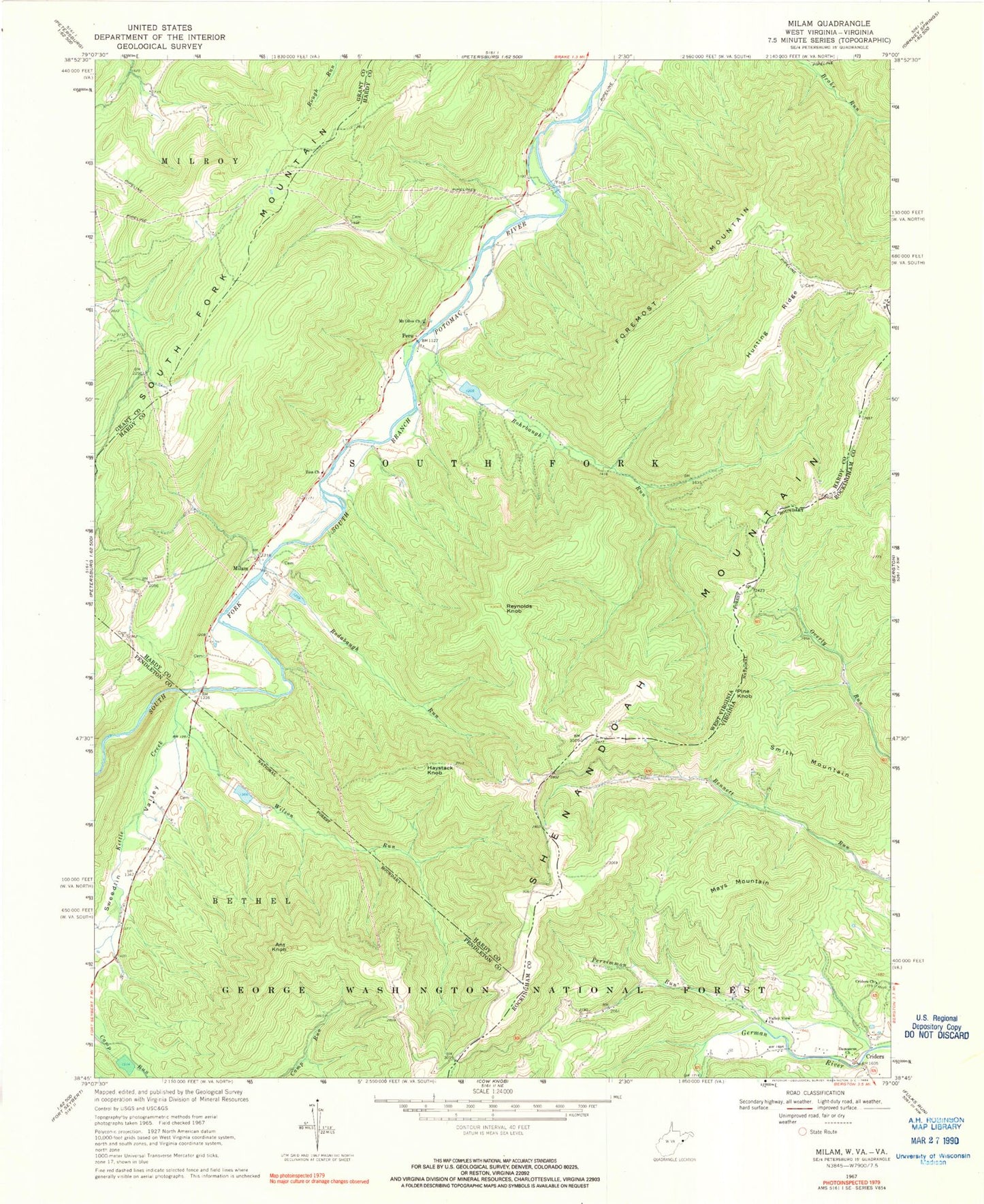 Classic USGS Milam West Virginia 7.5'x7.5' Topo Map Image