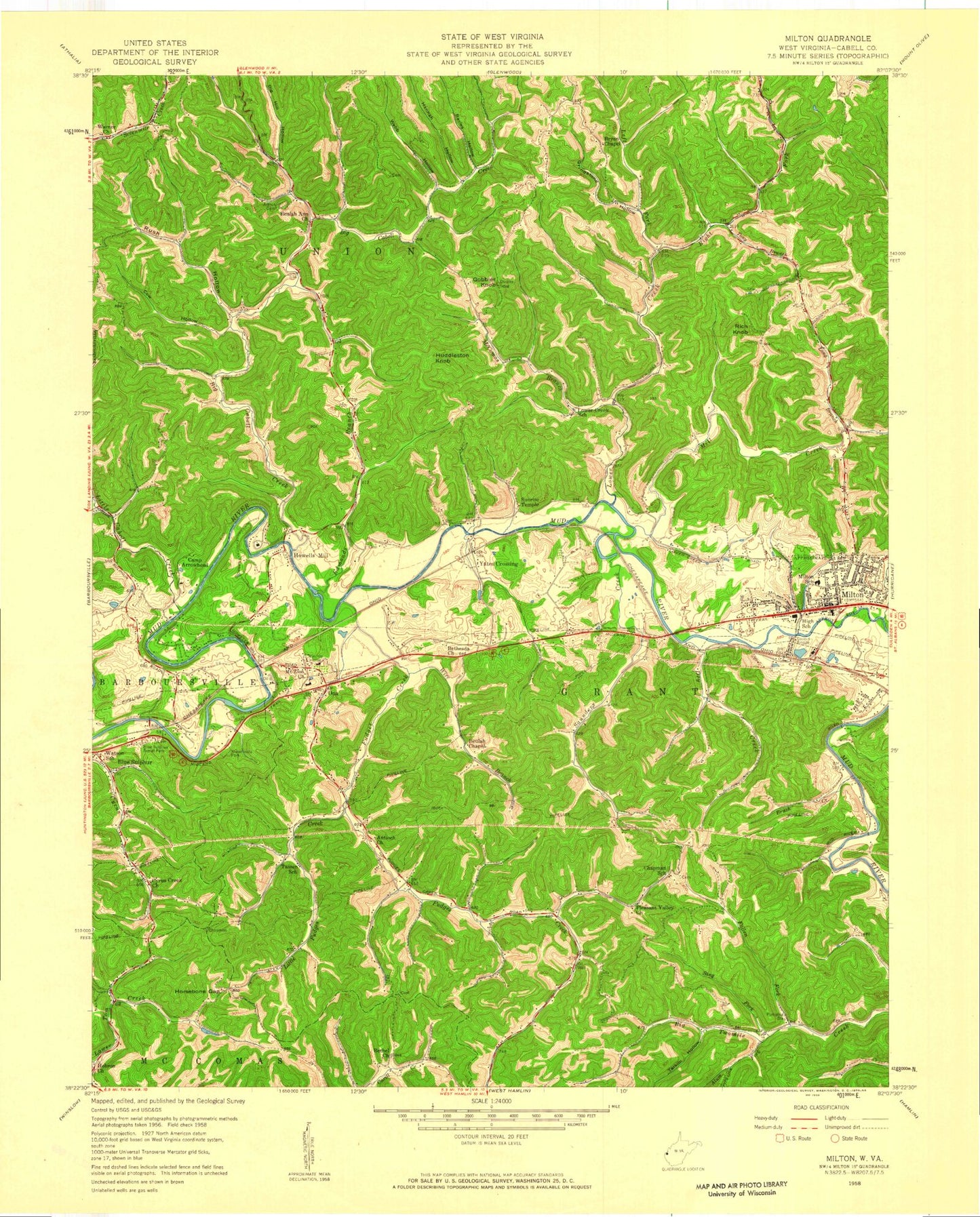 Classic USGS Milton West Virginia 7.5'x7.5' Topo Map Image