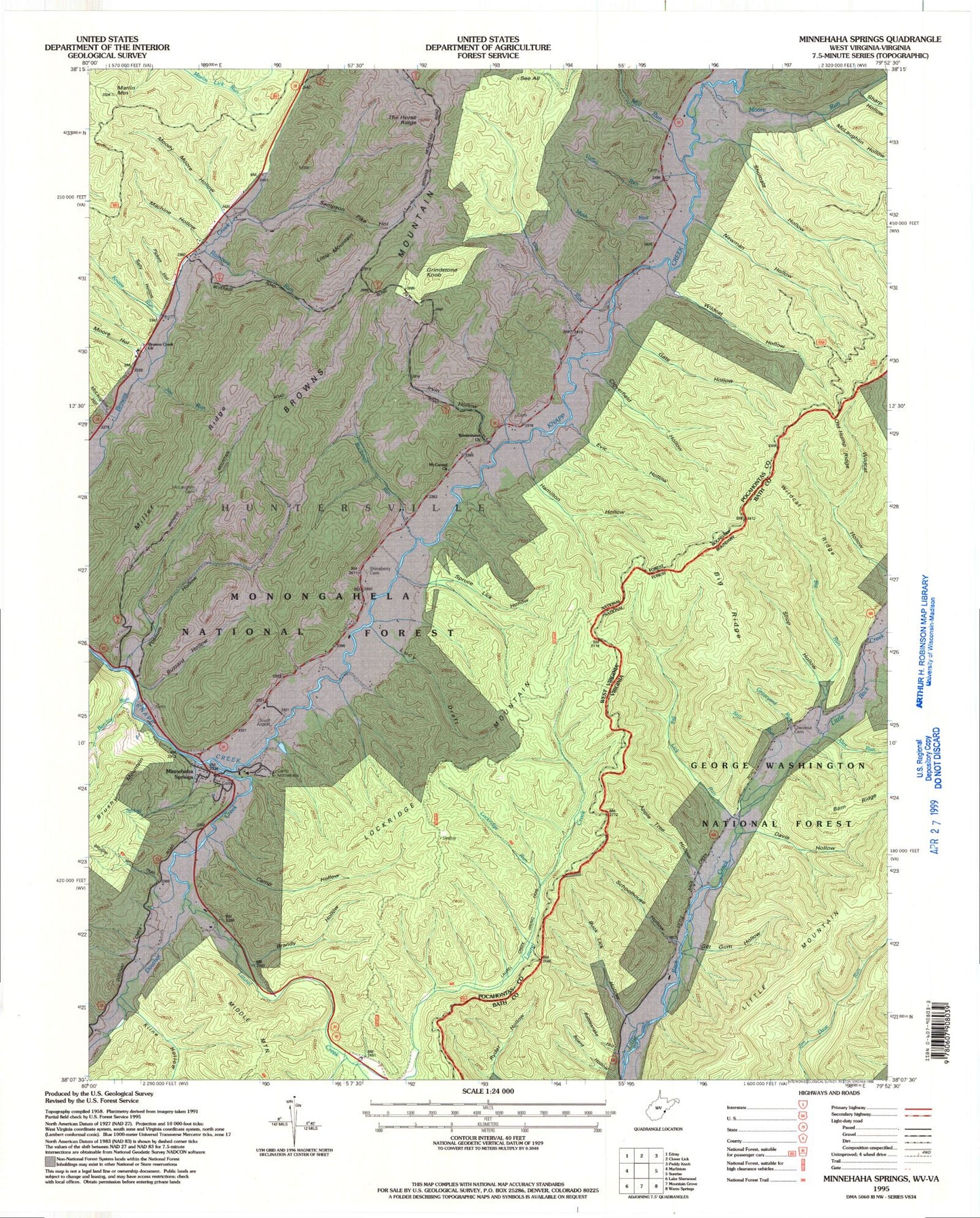 Classic USGS Minnehaha Springs West Virginia 7.5'x7.5' Topo Map Image