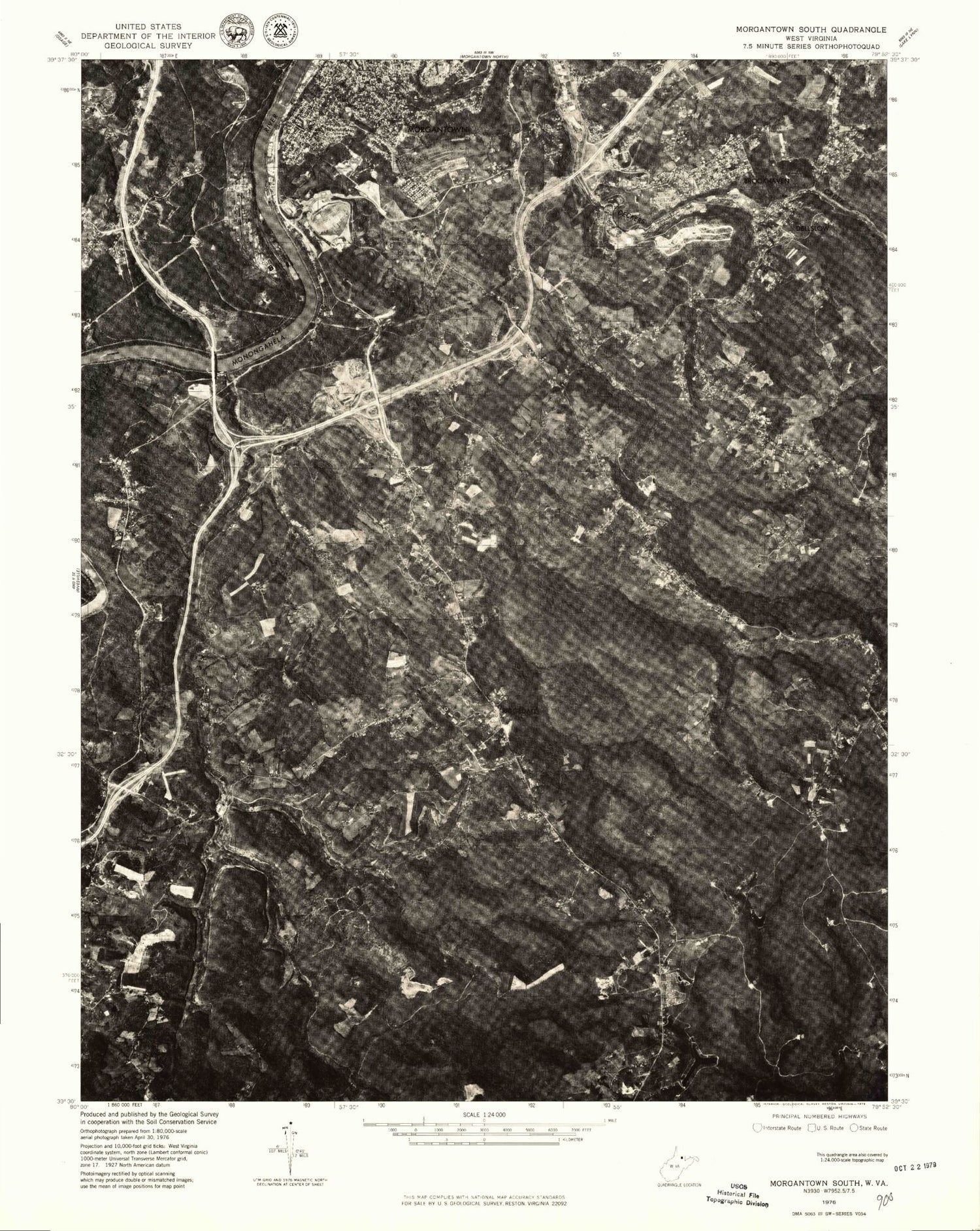 Classic USGS Morgantown South West Virginia 7.5'x7.5' Topo Map Image