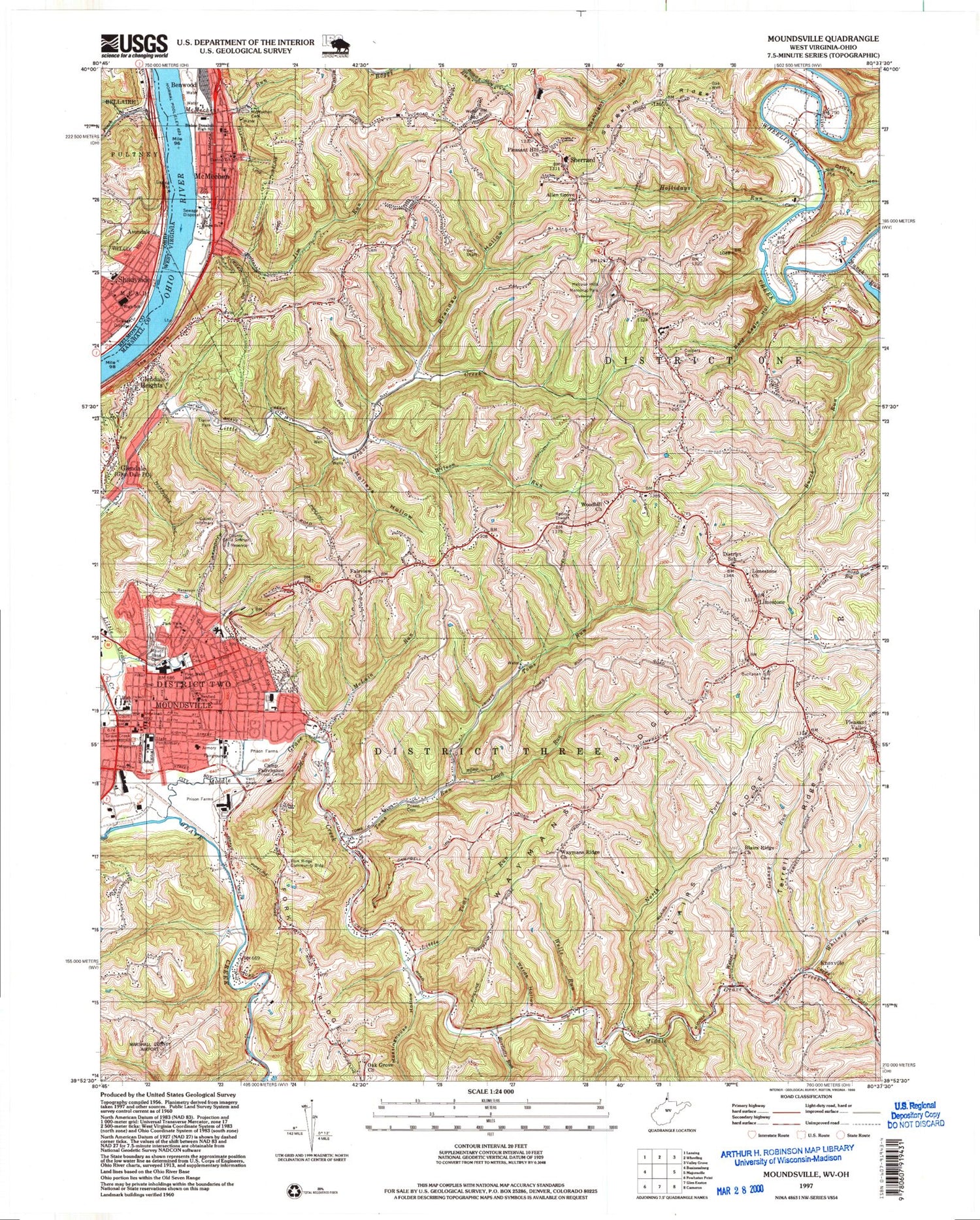 Classic USGS Moundsville West Virginia 7.5'x7.5' Topo Map Image