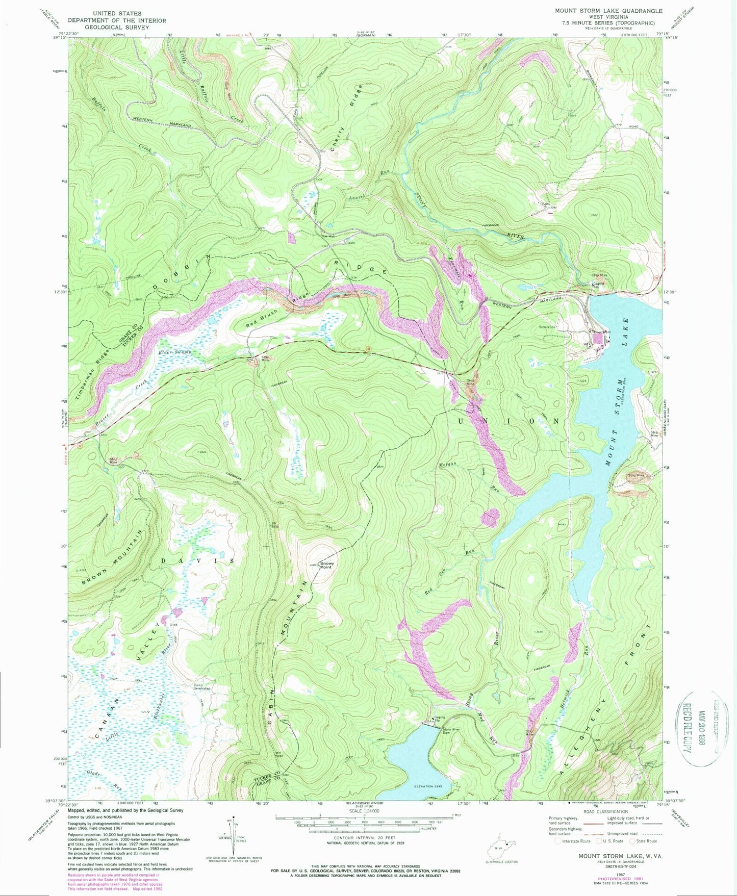 Classic USGS Mount Storm Lake West Virginia 7.5'x7.5' Topo Map Image