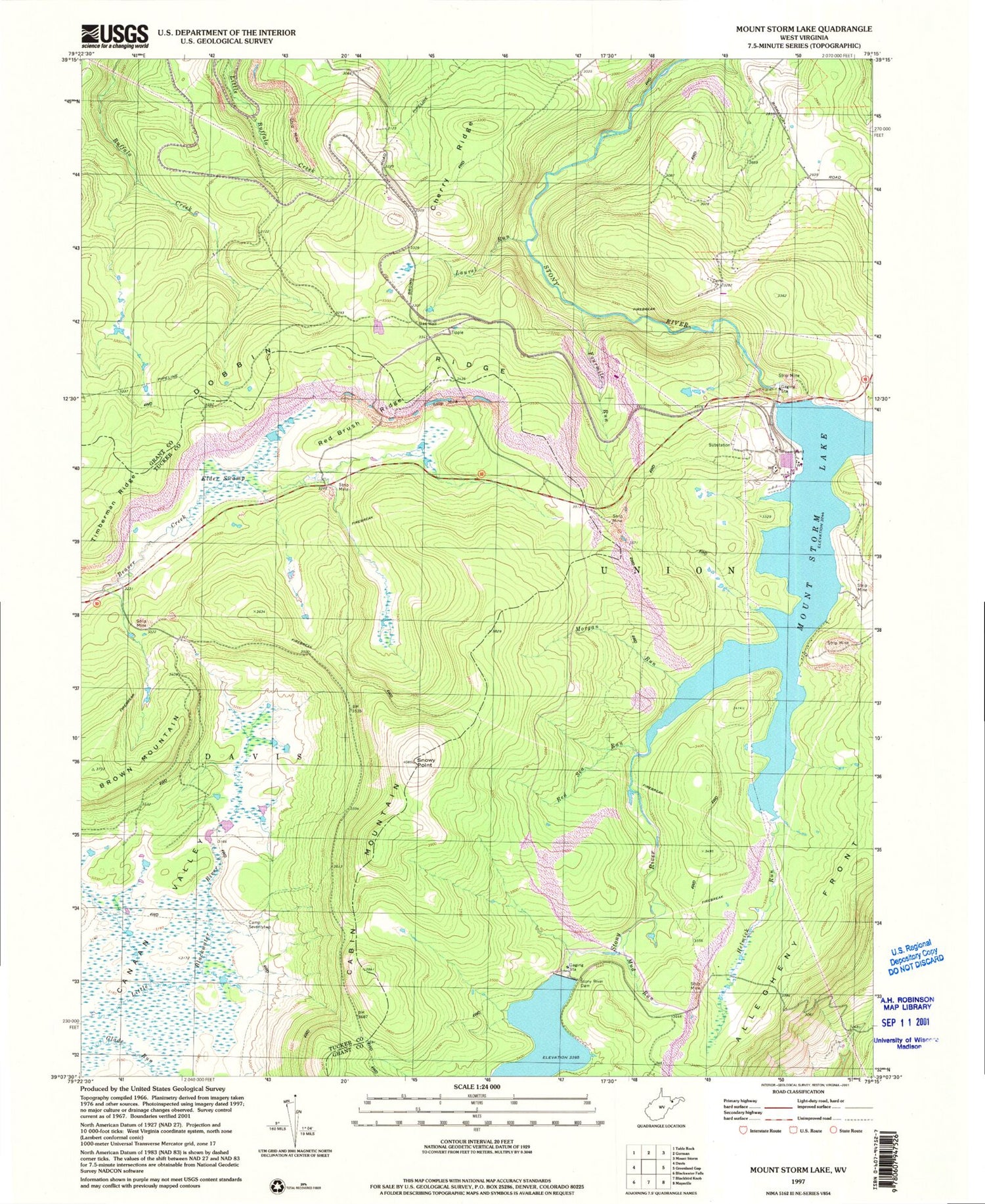 Classic USGS Mount Storm Lake West Virginia 7.5'x7.5' Topo Map Image