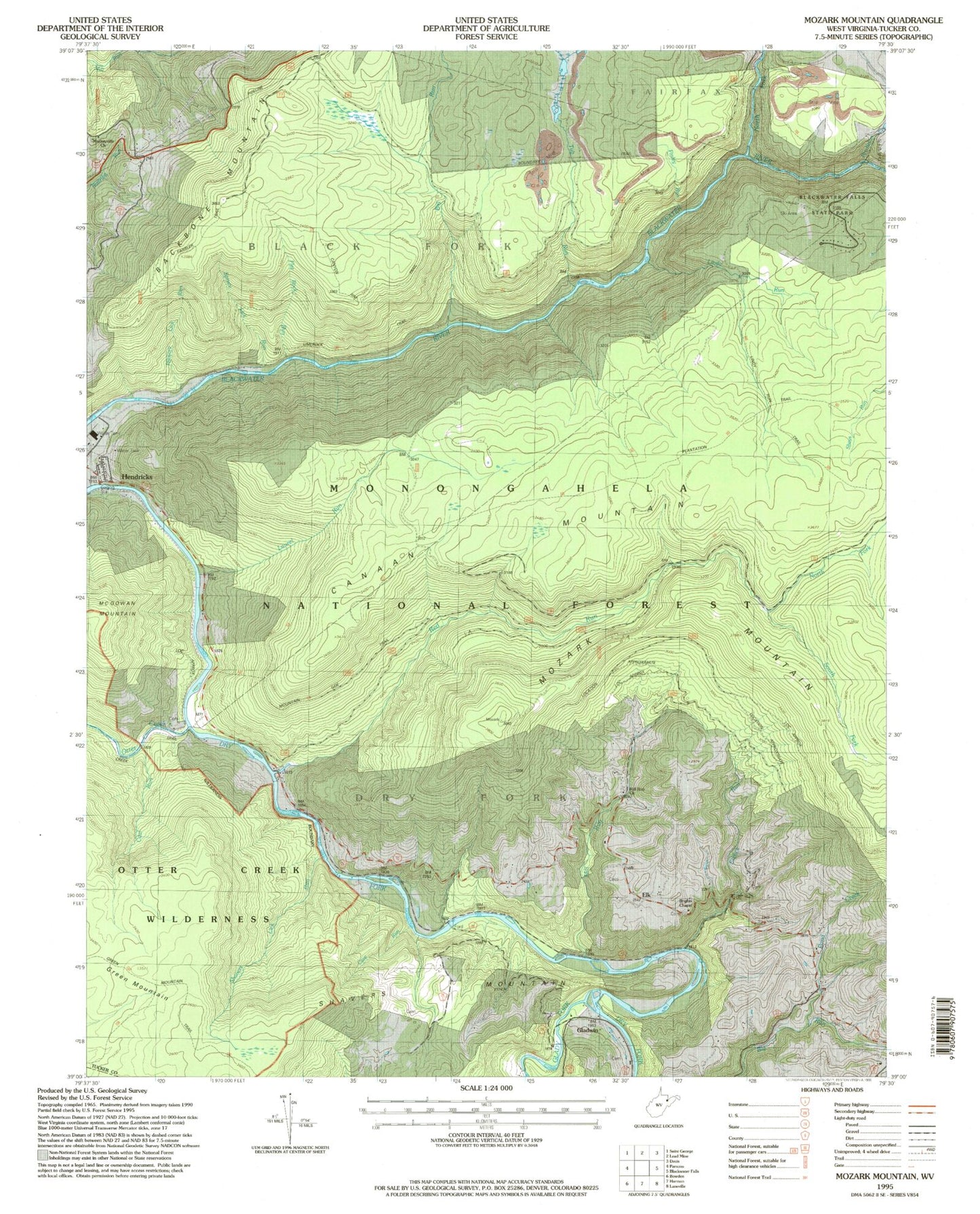 Classic USGS Mozark Mountain West Virginia 7.5'x7.5' Topo Map Image