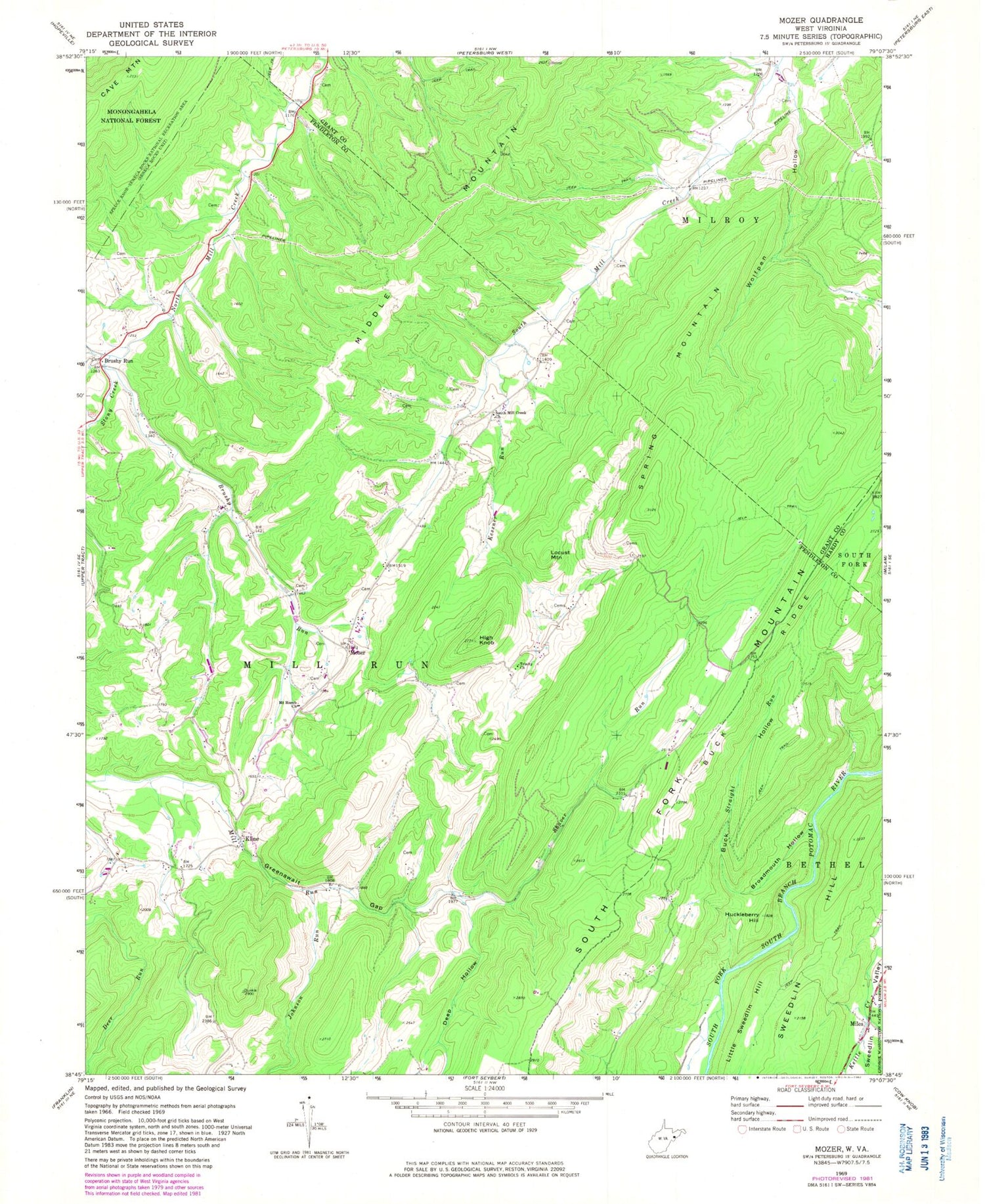 Classic USGS Mozer West Virginia 7.5'x7.5' Topo Map Image