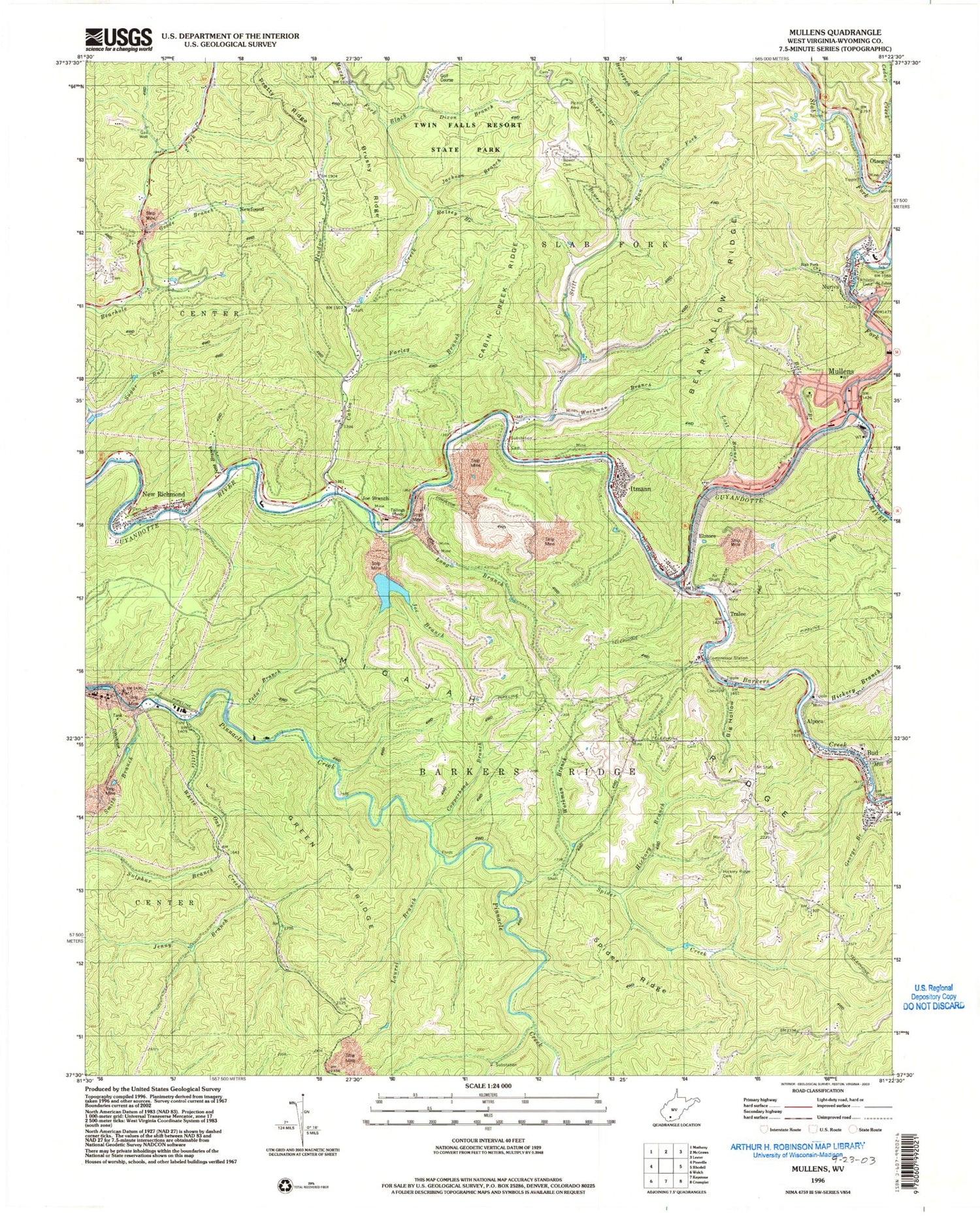 Classic USGS Mullens West Virginia 7.5'x7.5' Topo Map Image