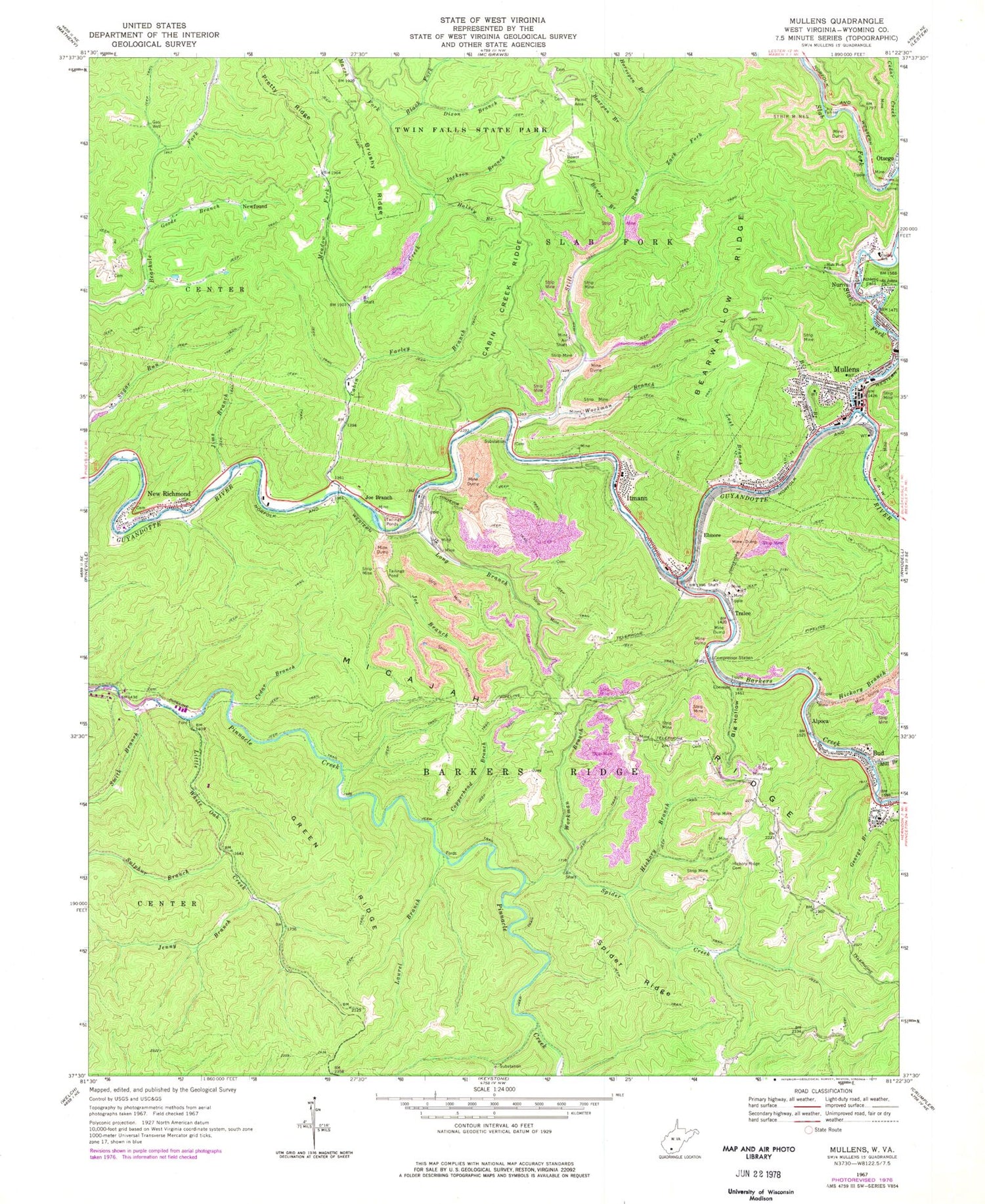Classic USGS Mullens West Virginia 7.5'x7.5' Topo Map Image