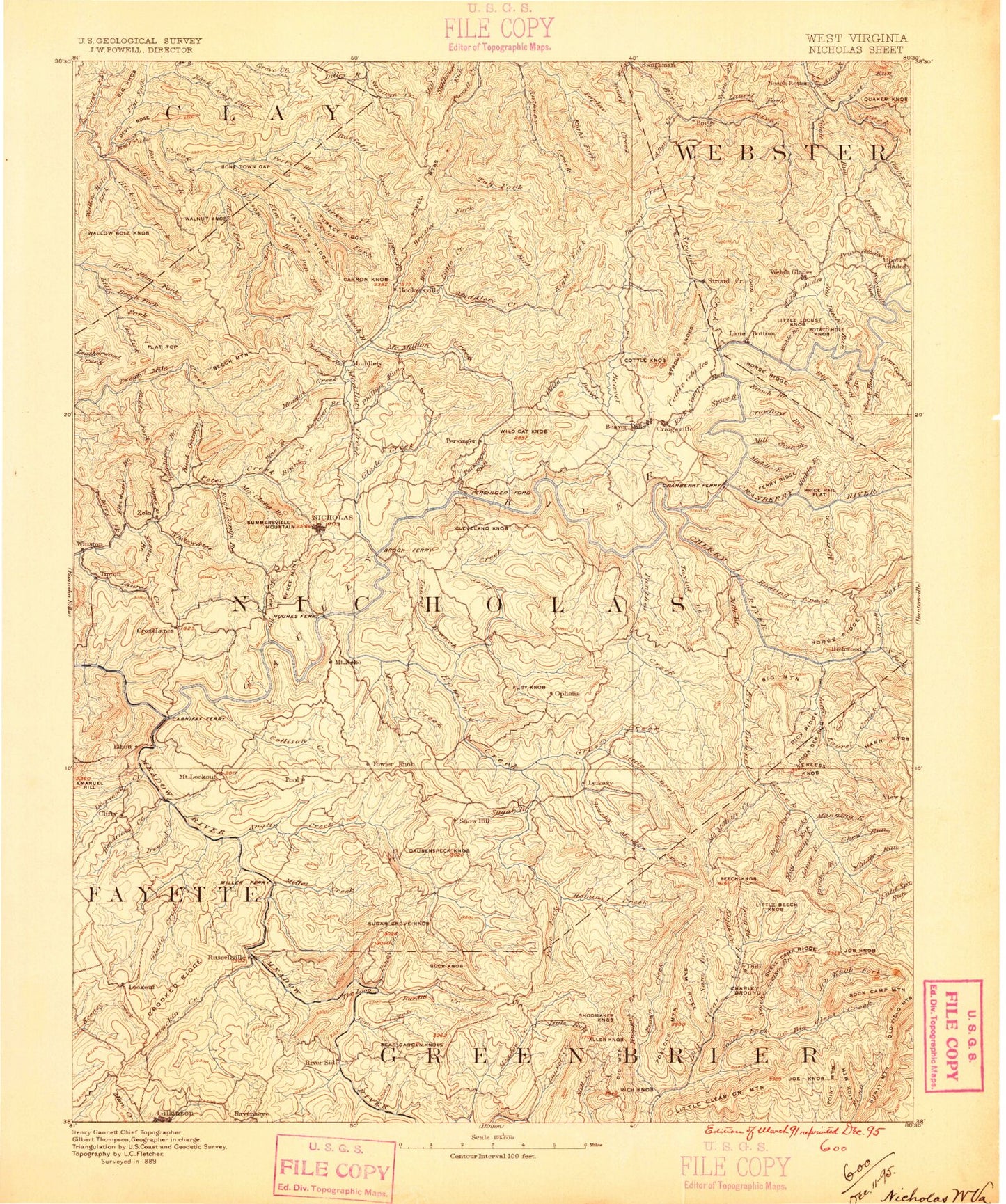 Historic 1889 Nicholas West Virginia 30'x30' Topo Map Image