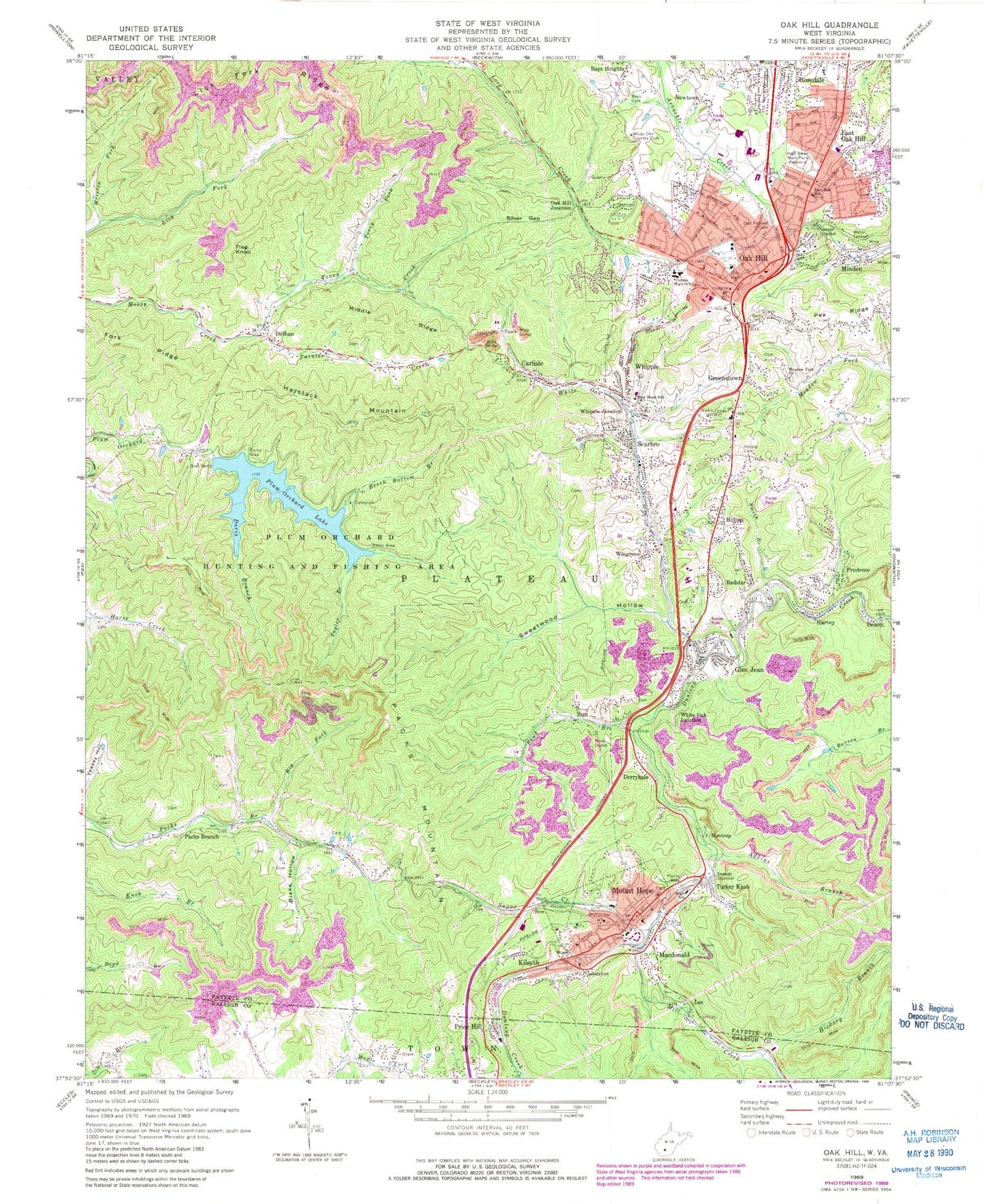 Classic USGS Oak Hill West Virginia 7.5'x7.5' Topo Map Image