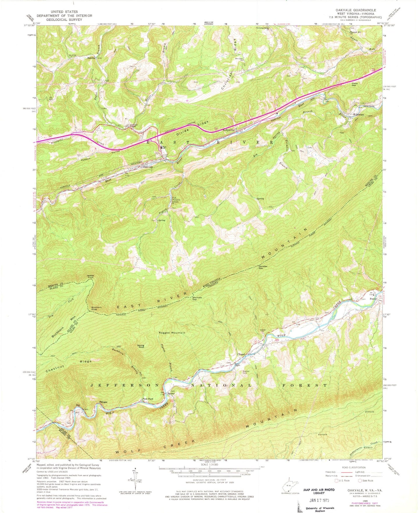 Classic USGS Oakvale West Virginia 7.5'x7.5' Topo Map Image