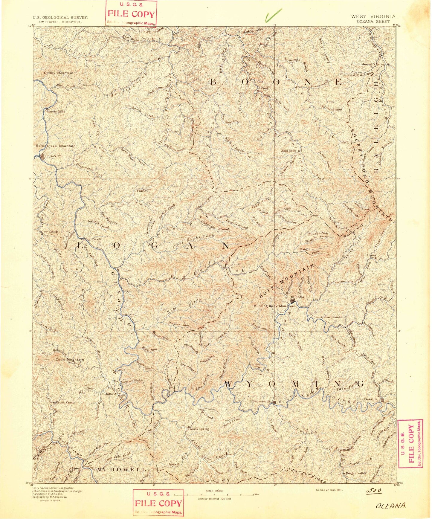 Historic 1891 Oceana West Virginia 30'x30' Topo Map Image