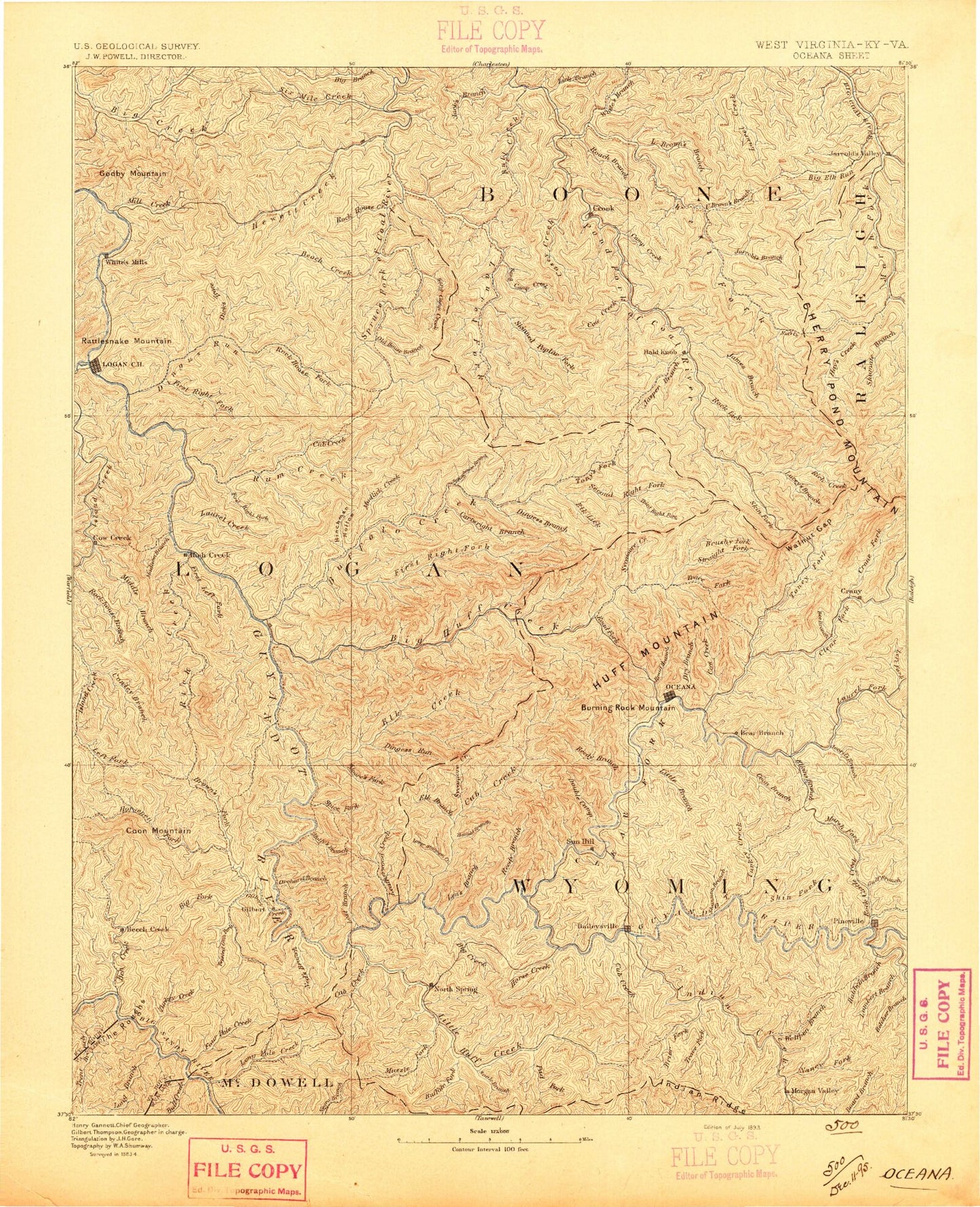 Historic 1893 Oceana West Virginia 30'x30' Topo Map Image