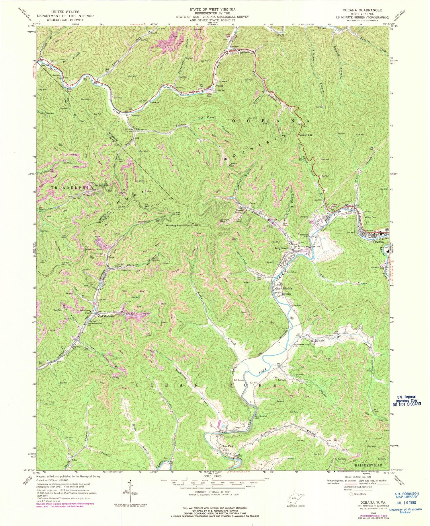 Classic USGS Oceana West Virginia 7.5'x7.5' Topo Map Image