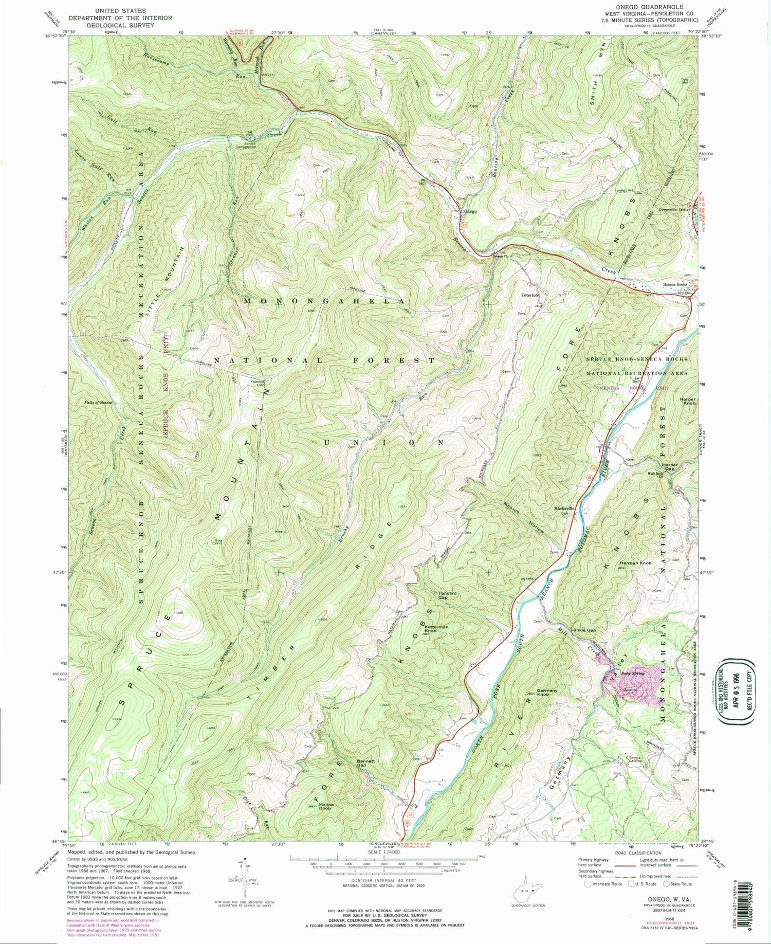 Classic USGS Onego West Virginia 7.5'x7.5' Topo Map Image