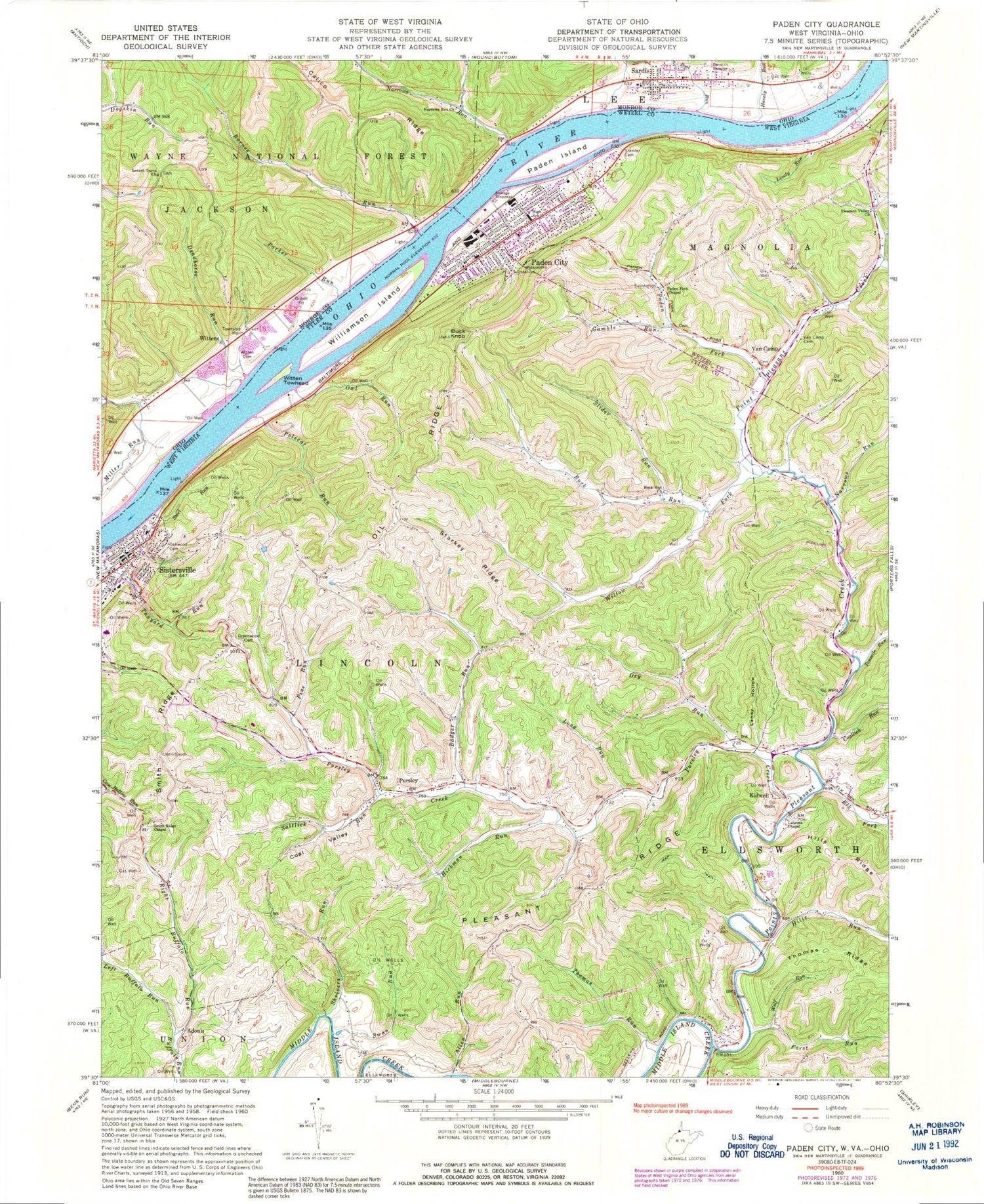 Classic USGS Paden City West Virginia 7.5'x7.5' Topo Map Image