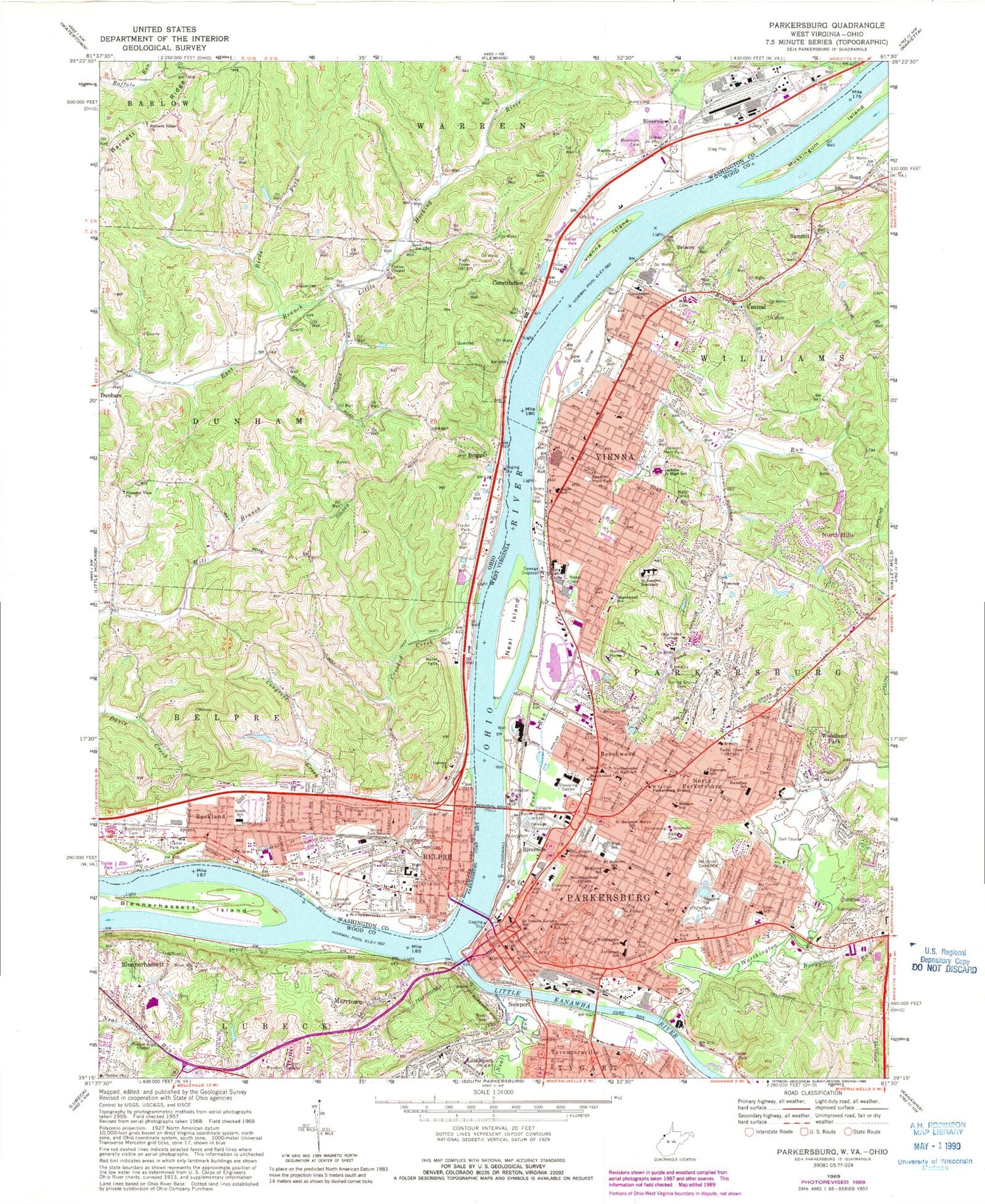 Classic USGS Parkersburg West Virginia 7.5'x7.5' Topo Map Image