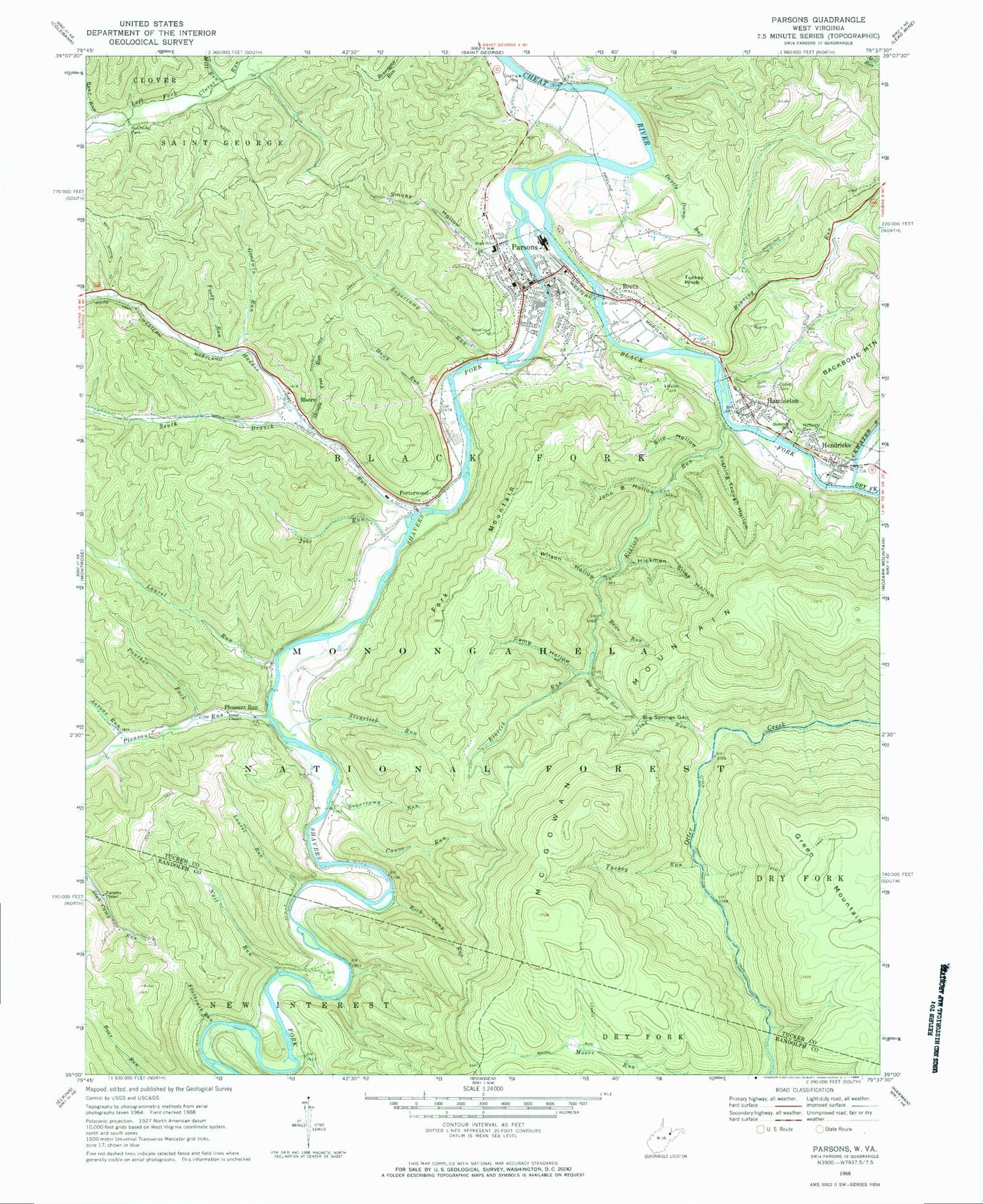 Classic USGS Parsons West Virginia 7.5'x7.5' Topo Map Image