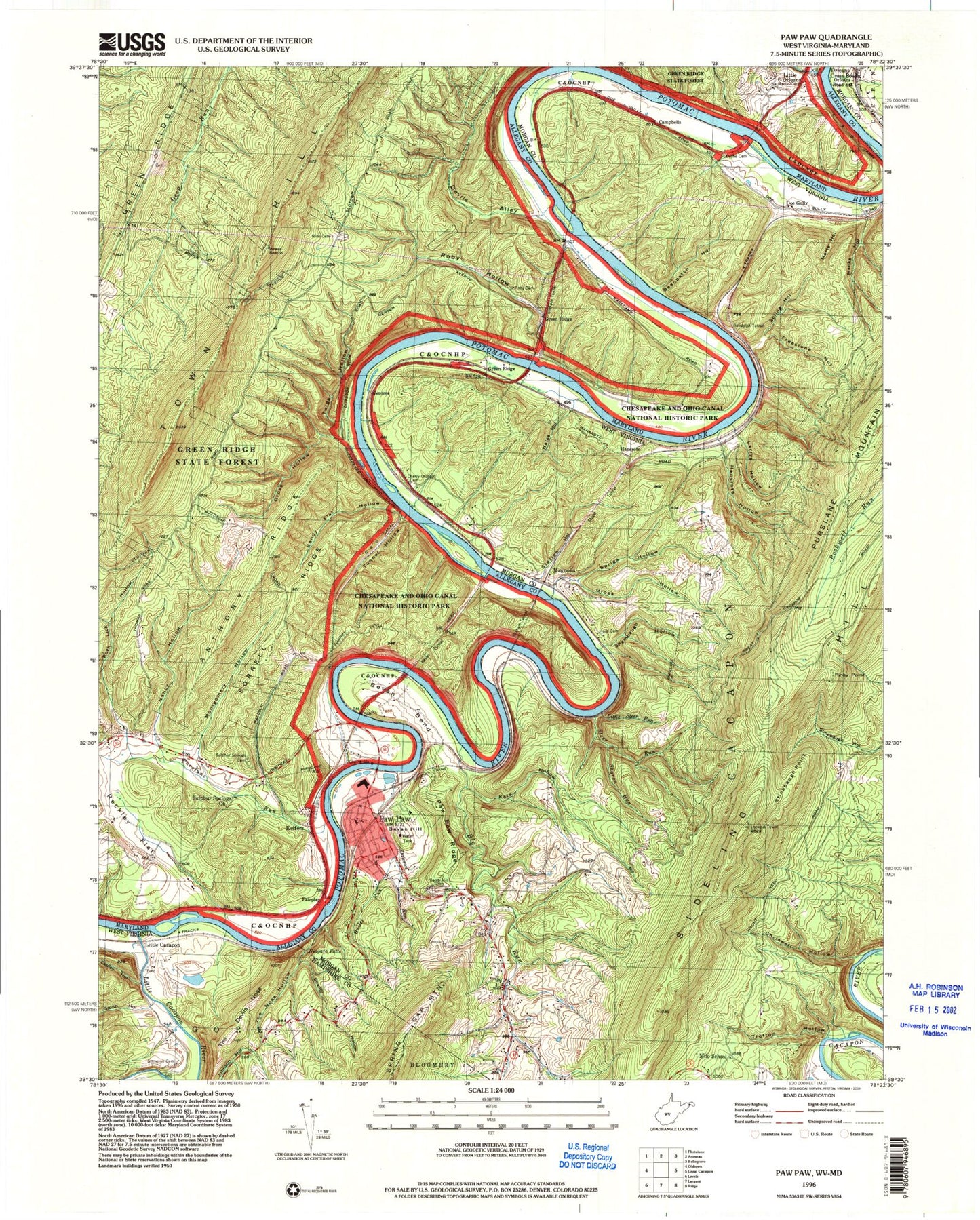 Classic USGS Paw Paw West Virginia 7.5'x7.5' Topo Map Image