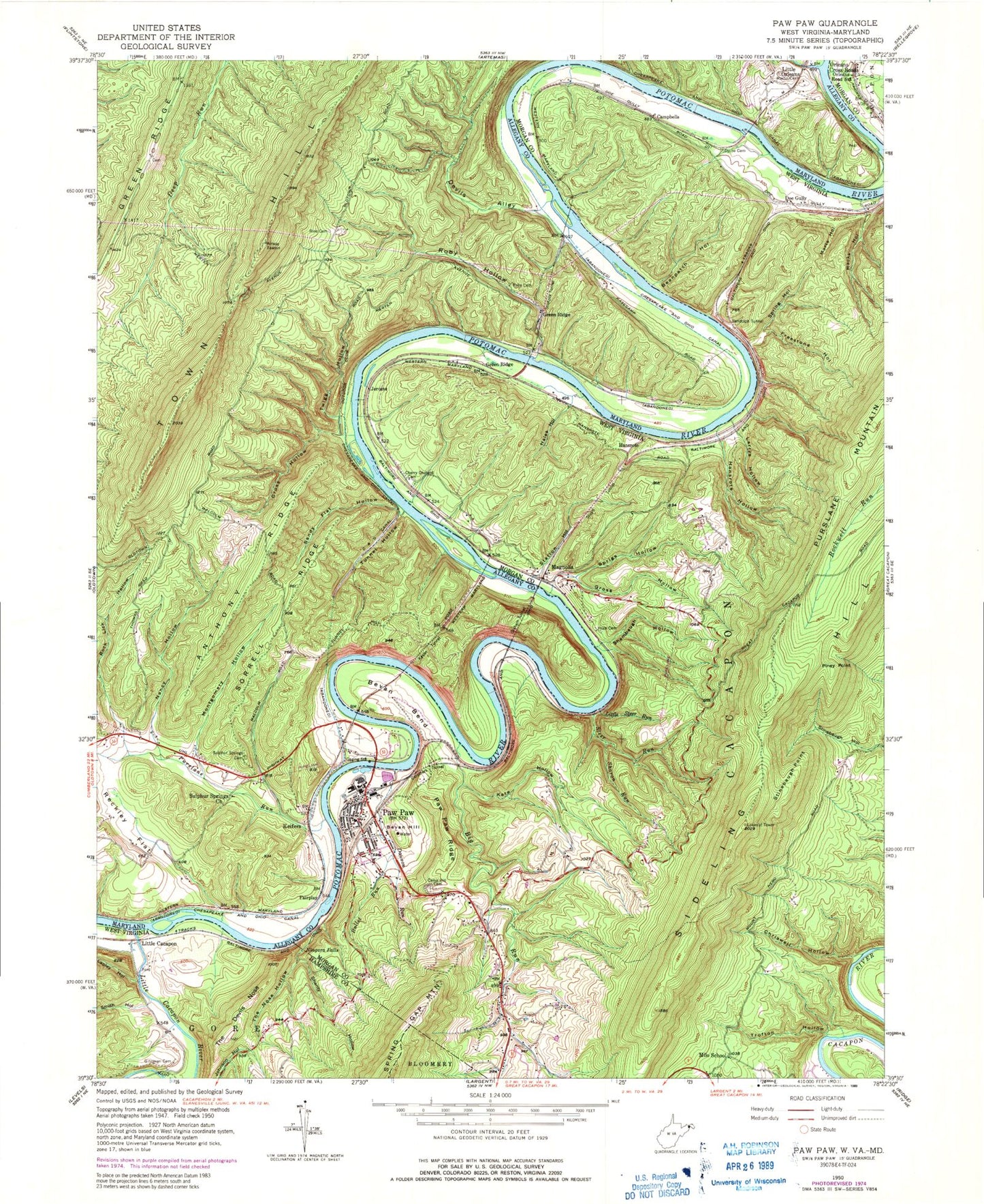 Classic USGS Paw Paw West Virginia 7.5'x7.5' Topo Map Image