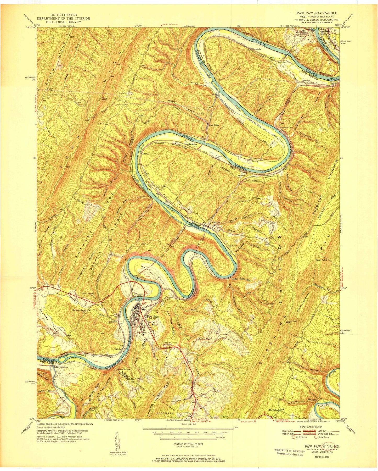 Classic USGS Paw Paw West Virginia 7.5'x7.5' Topo Map Image