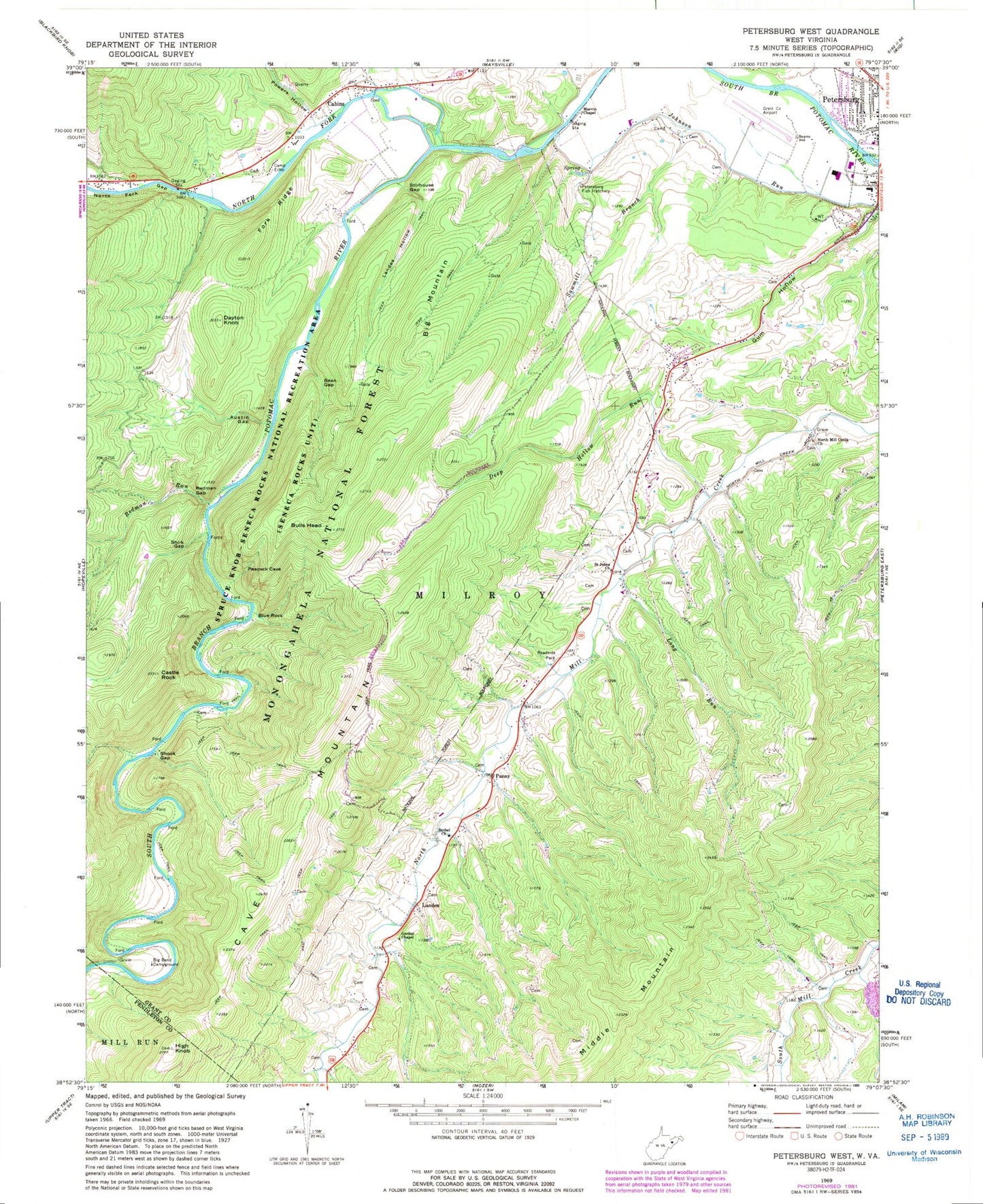 Classic USGS Petersburg West West Virginia 7.5'x7.5' Topo Map Image