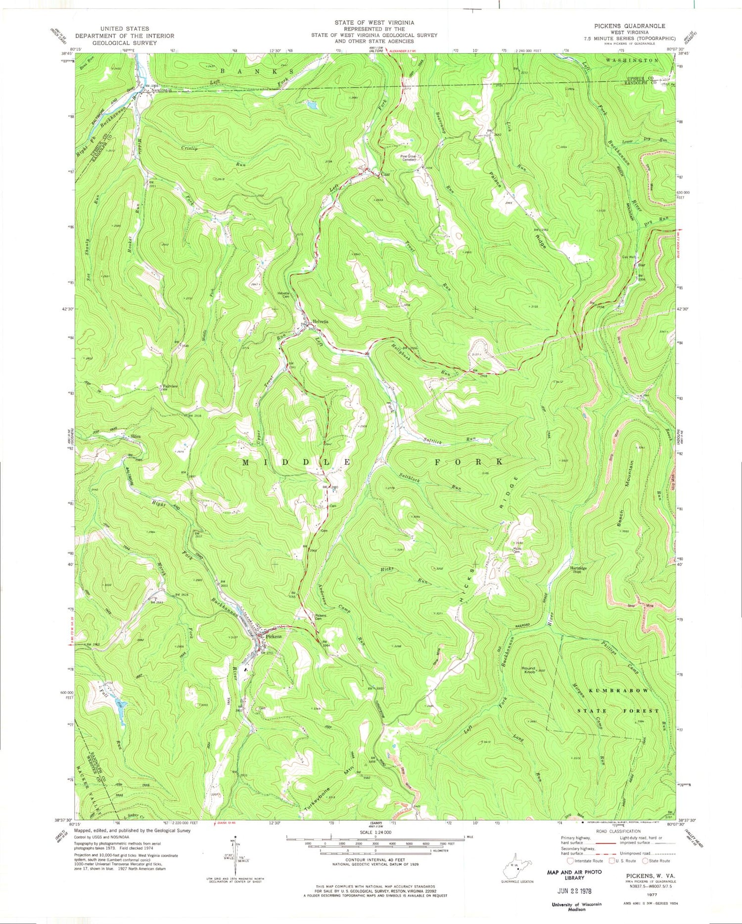 Classic USGS Pickens West Virginia 7.5'x7.5' Topo Map Image