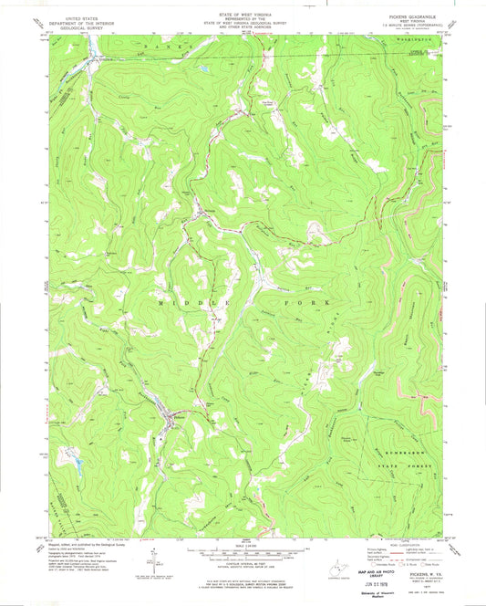 Classic USGS Pickens West Virginia 7.5'x7.5' Topo Map Image
