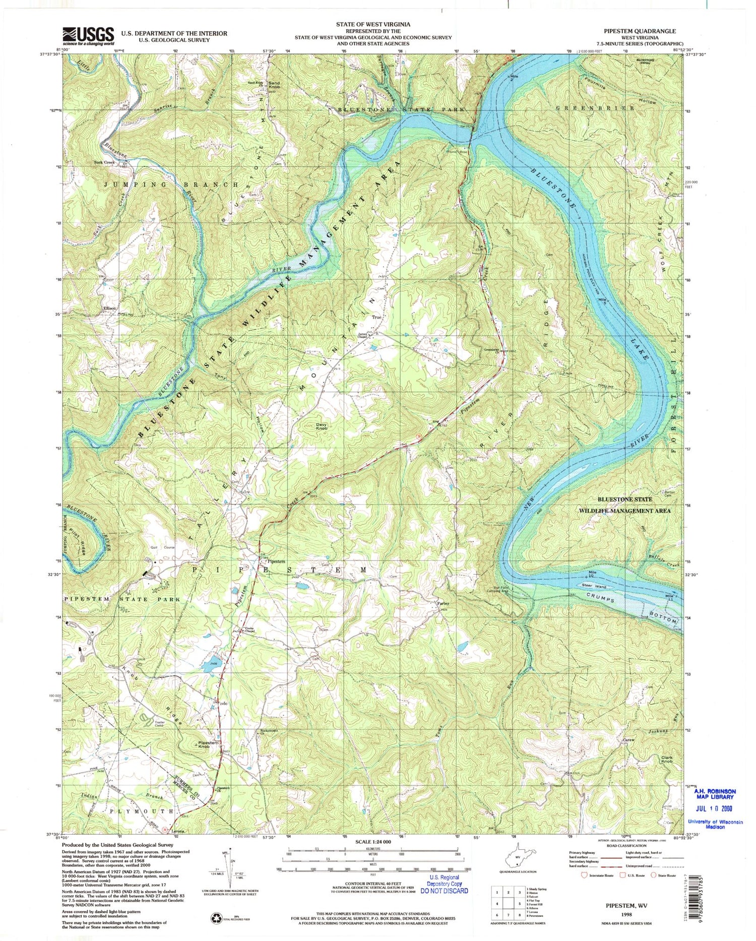 Classic USGS Pipestem West Virginia 7.5'x7.5' Topo Map Image