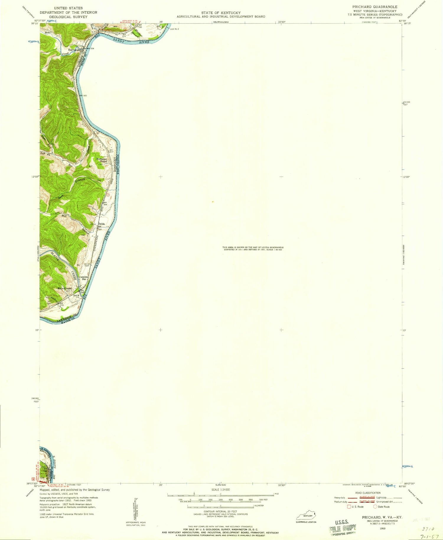 Classic USGS Prichard West Virginia 7.5'x7.5' Topo Map Image