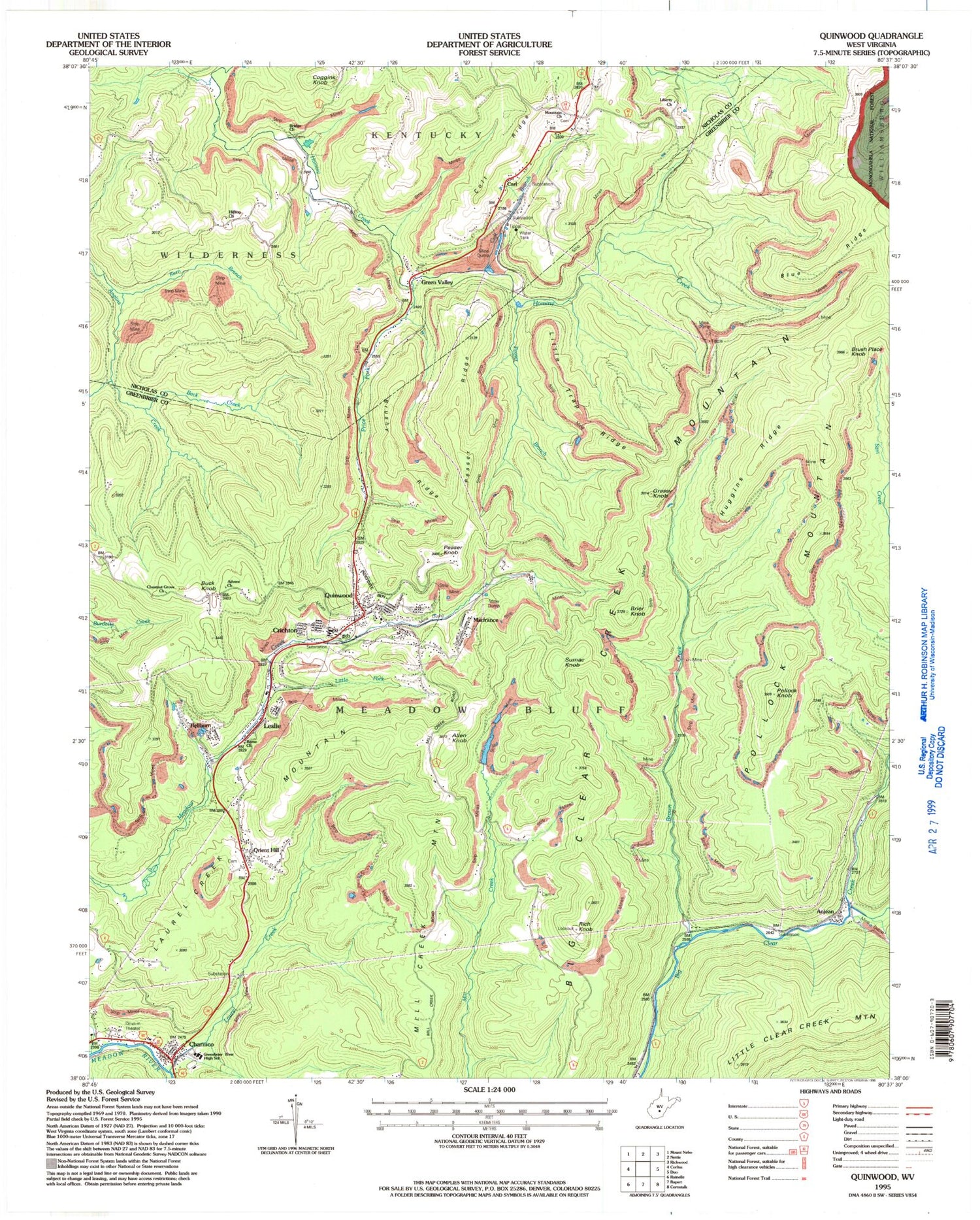 Classic USGS Quinwood West Virginia 7.5'x7.5' Topo Map Image