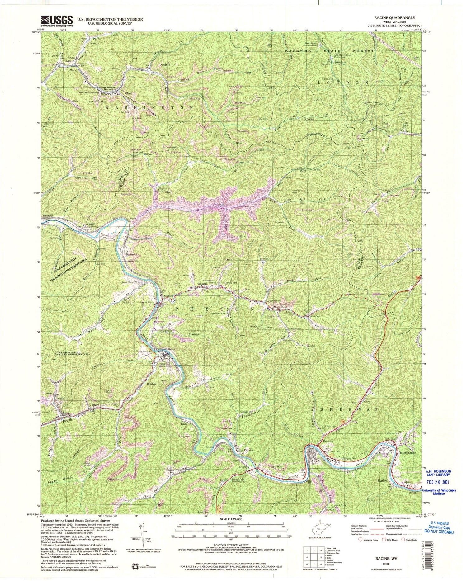 Classic USGS Racine West Virginia 7.5'x7.5' Topo Map Image