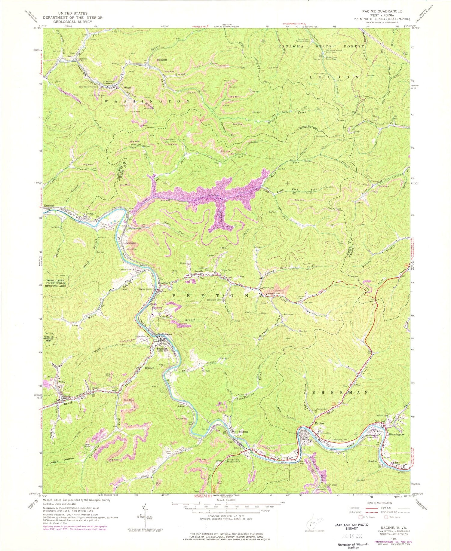 Classic USGS Racine West Virginia 7.5'x7.5' Topo Map Image