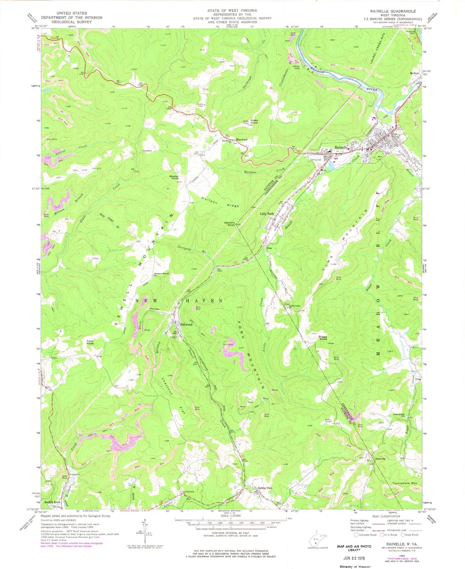 Classic USGS Rainelle West Virginia 7.5'x7.5' Topo Map Image