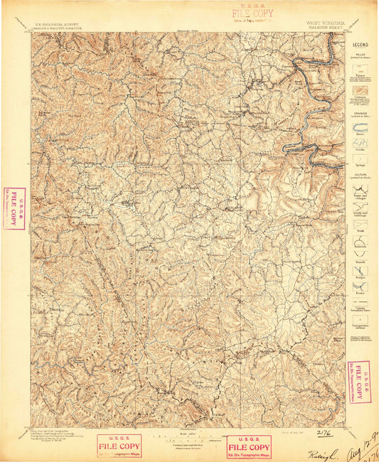 Historic 1897 Raleigh West Virginia 30'x30' Topo Map Image