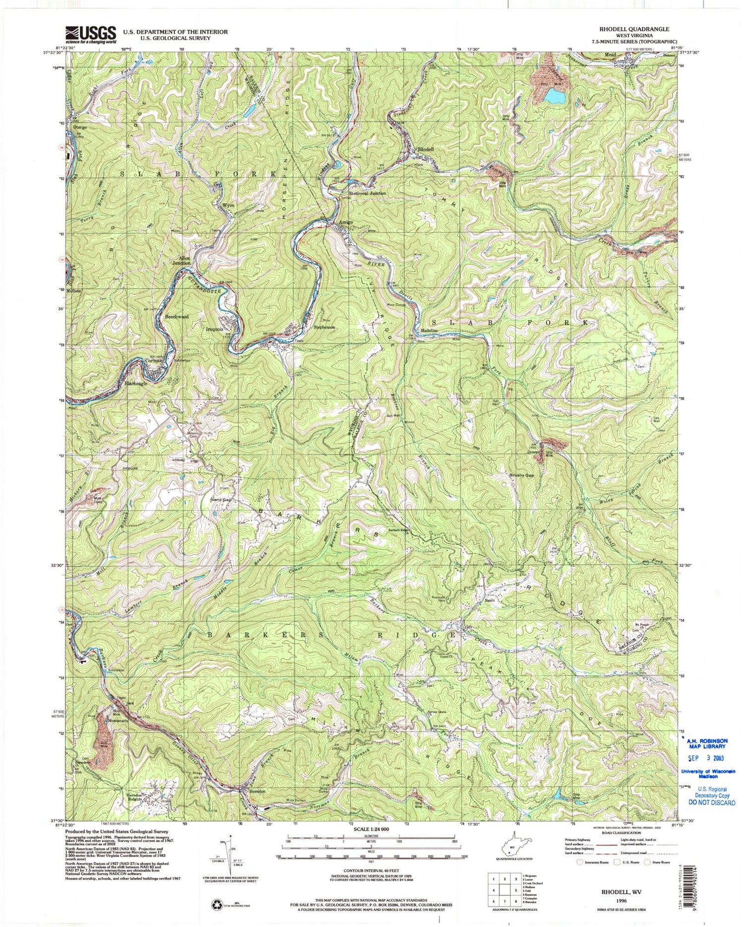 Classic USGS Rhodell West Virginia 7.5'x7.5' Topo Map Image
