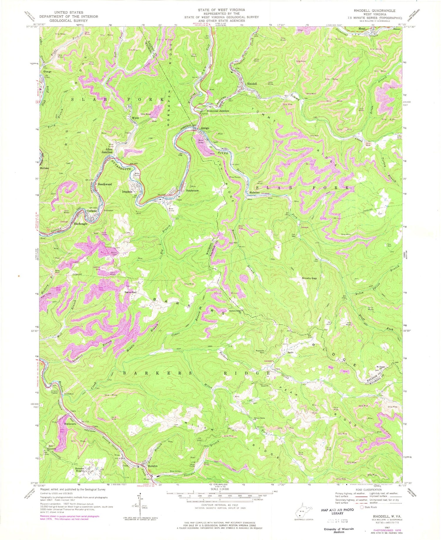Classic USGS Rhodell West Virginia 7.5'x7.5' Topo Map Image