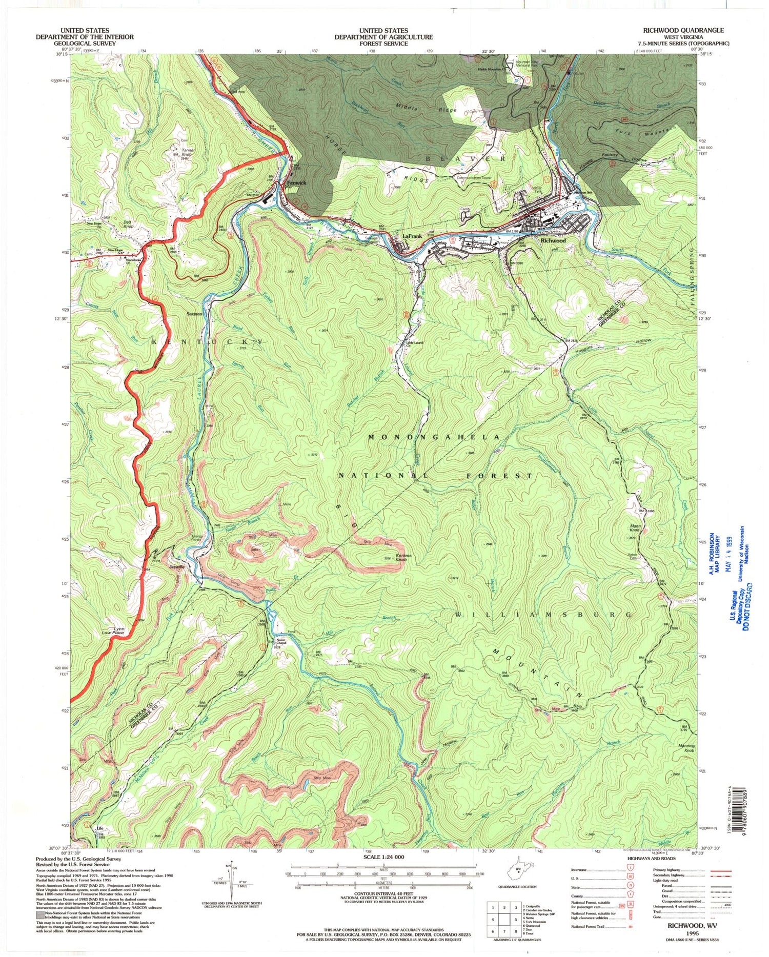 Classic USGS Richwood West Virginia 7.5'x7.5' Topo Map Image