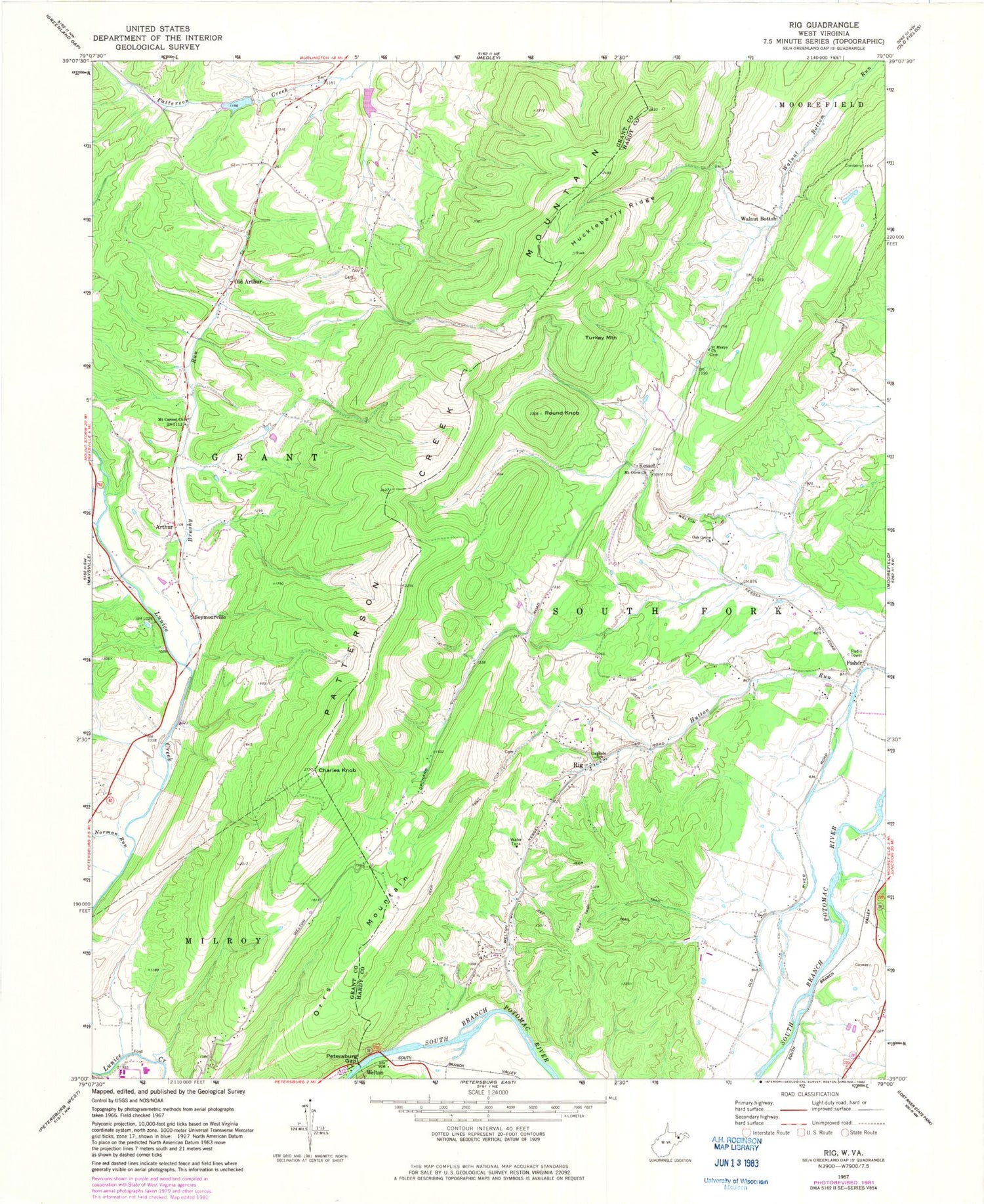 Classic USGS Rig West Virginia 7.5'x7.5' Topo Map Image