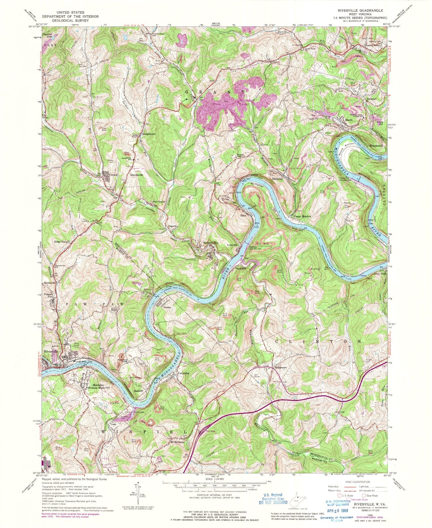 Classic USGS Rivesville West Virginia 7.5'x7.5' Topo Map Image