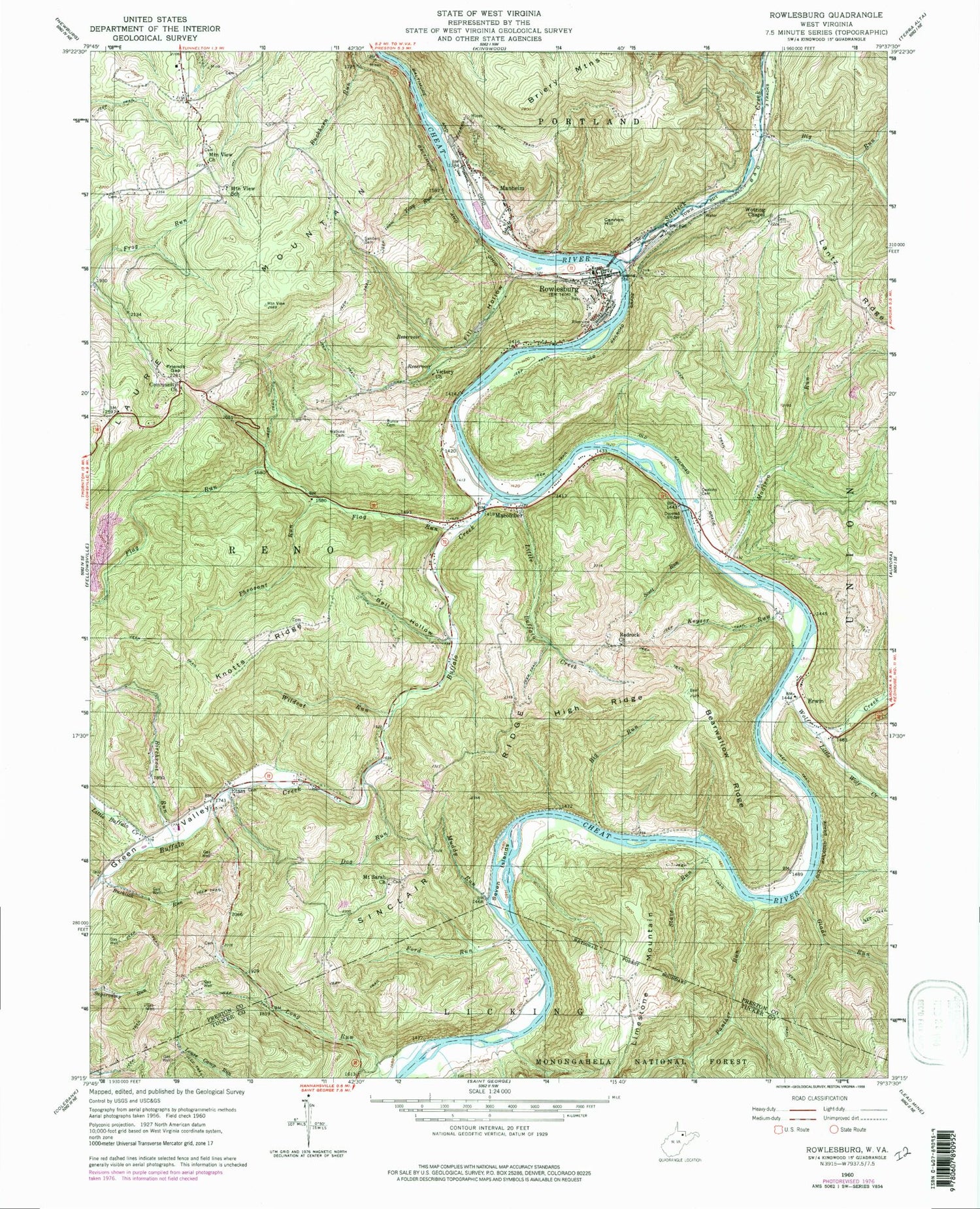 Classic USGS Rowlesburg West Virginia 7.5'x7.5' Topo Map Image