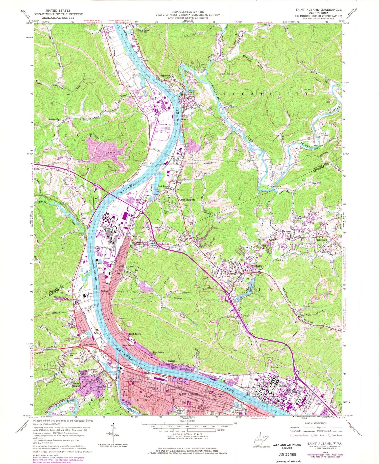 Classic USGS Saint Albans West Virginia 7.5'x7.5' Topo Map Image