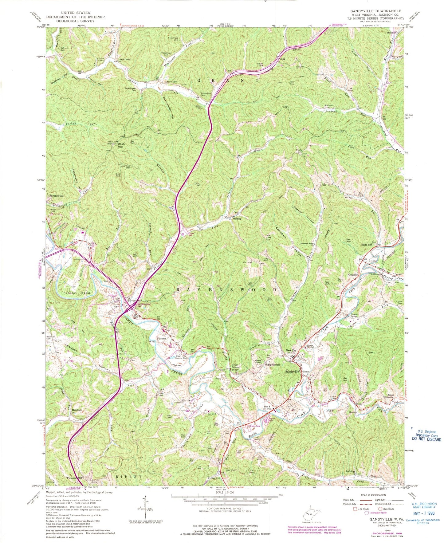Classic USGS Sandyville West Virginia 7.5'x7.5' Topo Map Image