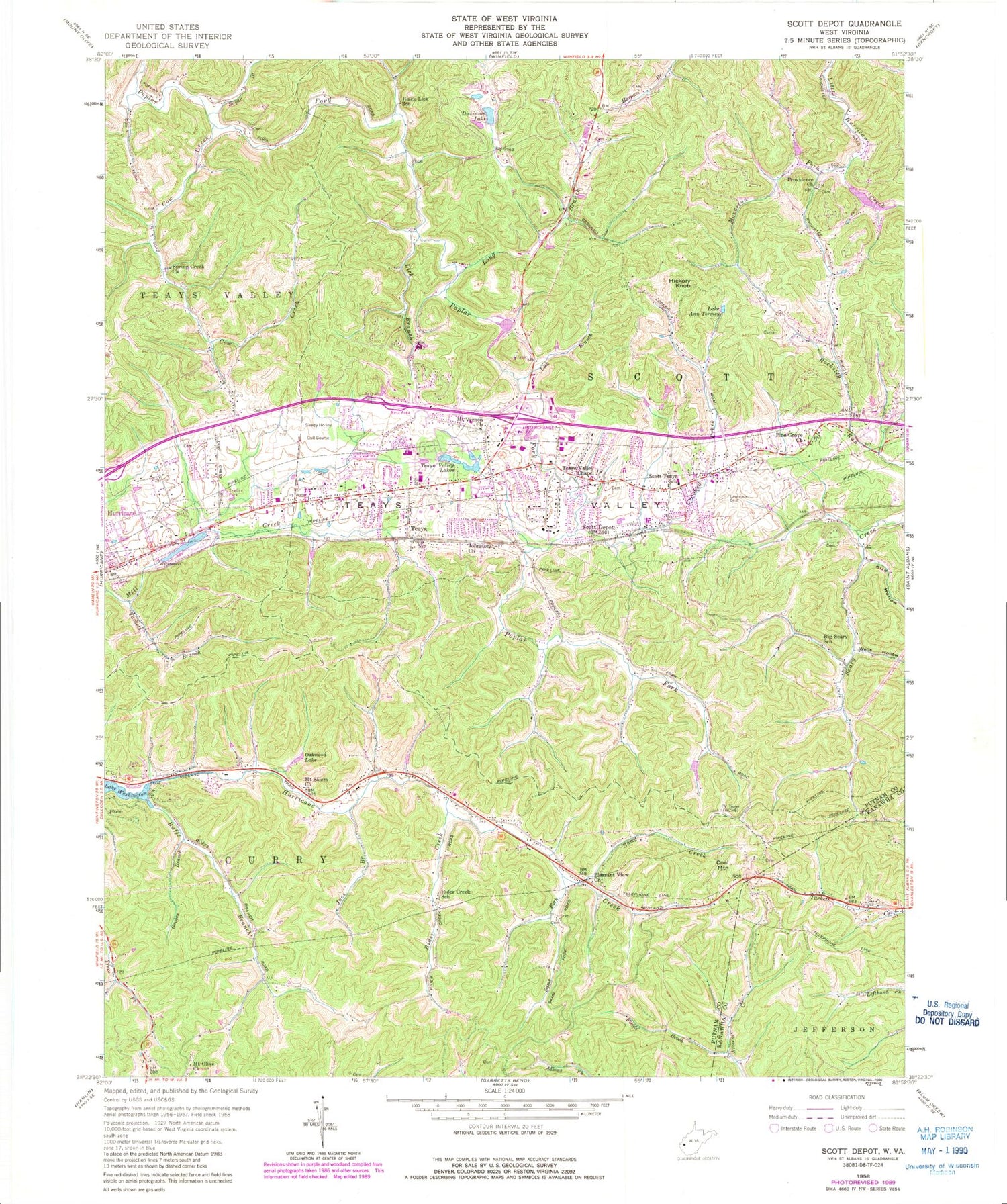 Classic USGS Scott Depot West Virginia 7.5'x7.5' Topo Map Image