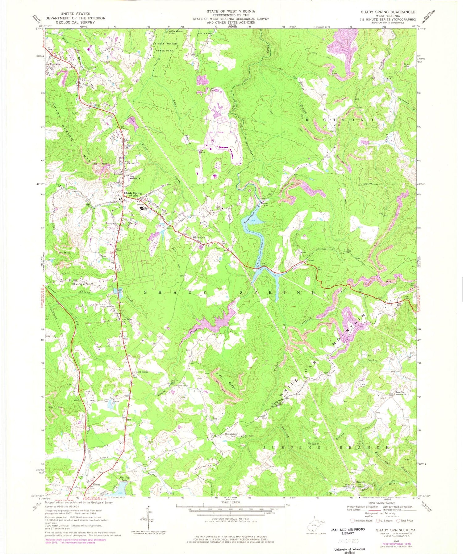 Classic USGS Shady Spring West Virginia 7.5'x7.5' Topo Map Image