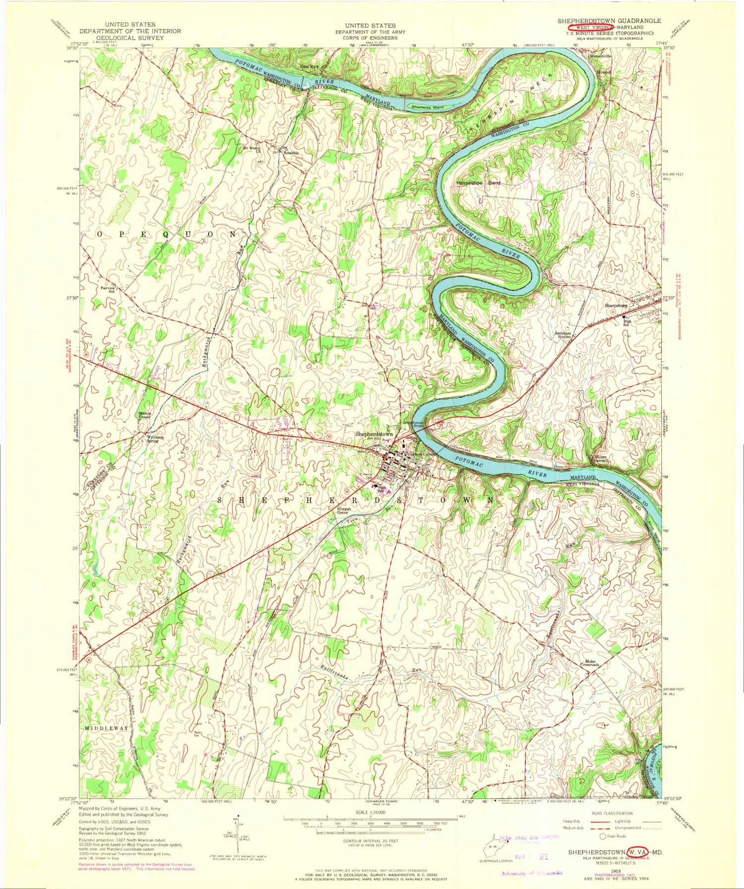 Classic USGS Shepherdstown West Virginia 7.5'x7.5' Topo Map Image